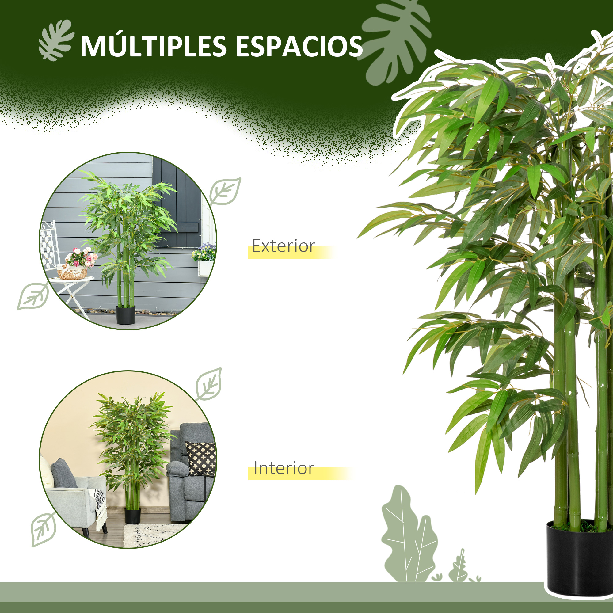 Planta de bambú artificial adecuada para interior y exterior, mostrada en dos ambientes.