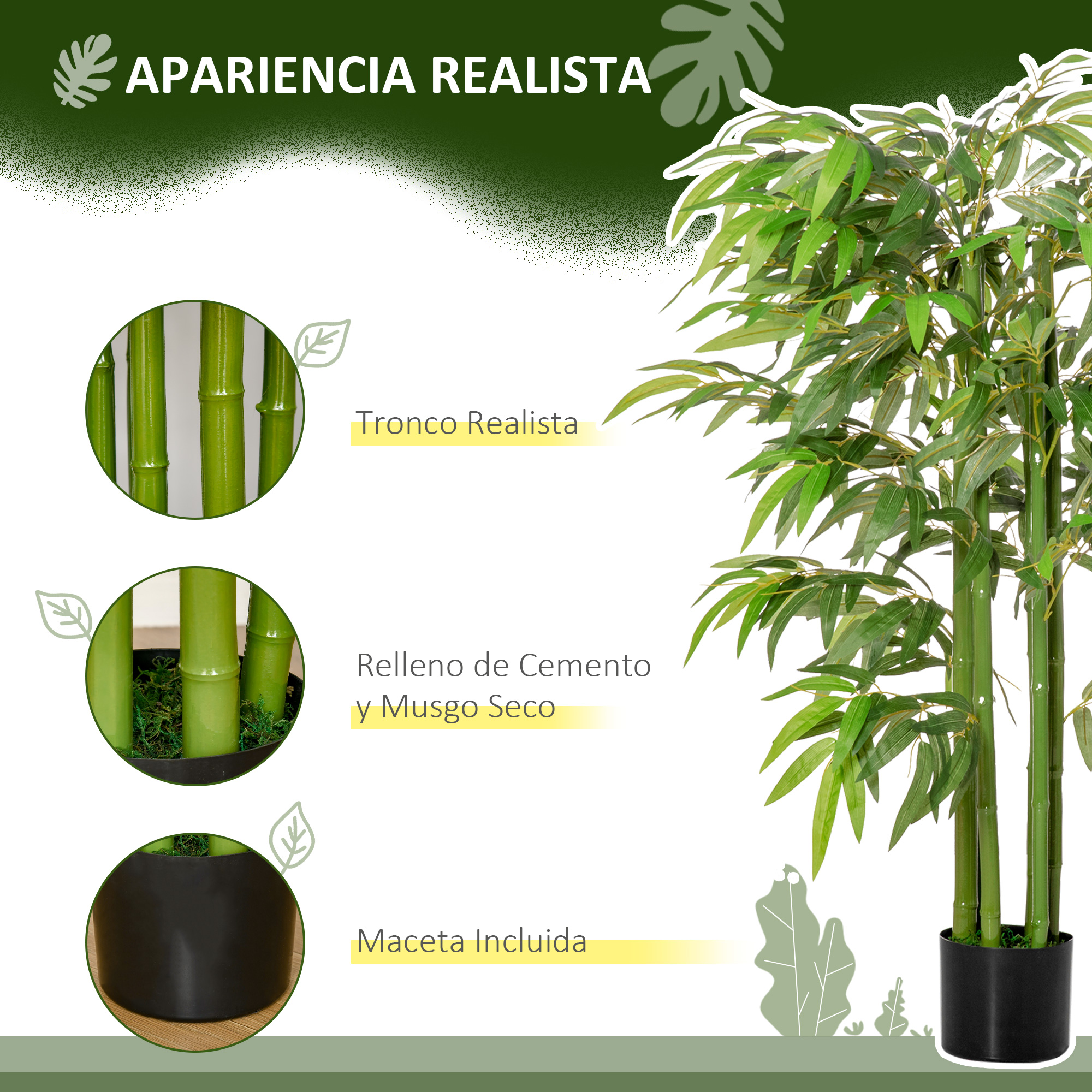 Planta de bambú artificial en maceta negra con troncos realistas, relleno de cemento y musgo.