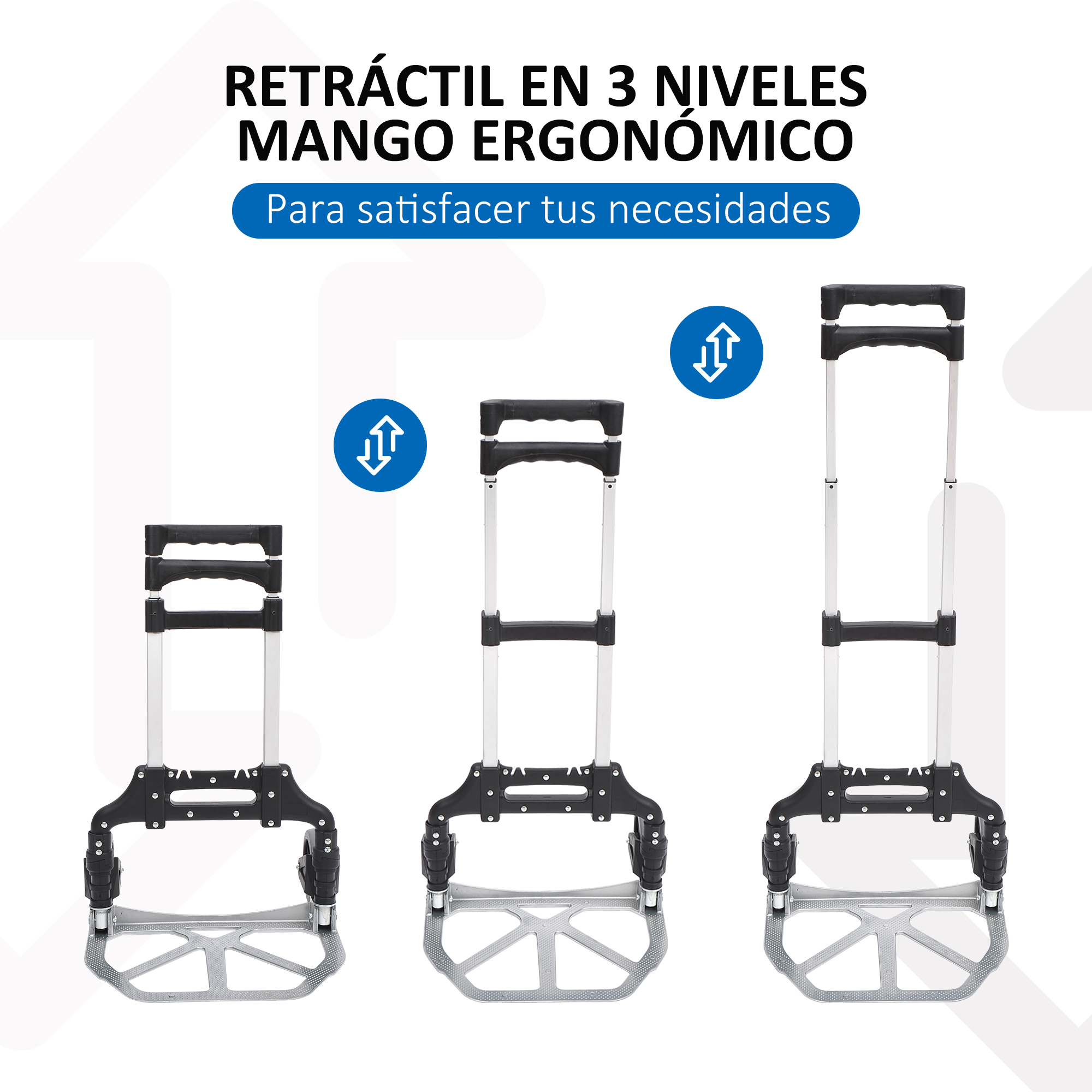 Tres etapas de una carretilla extensible con mango ergonómico sobre fondo blanco.