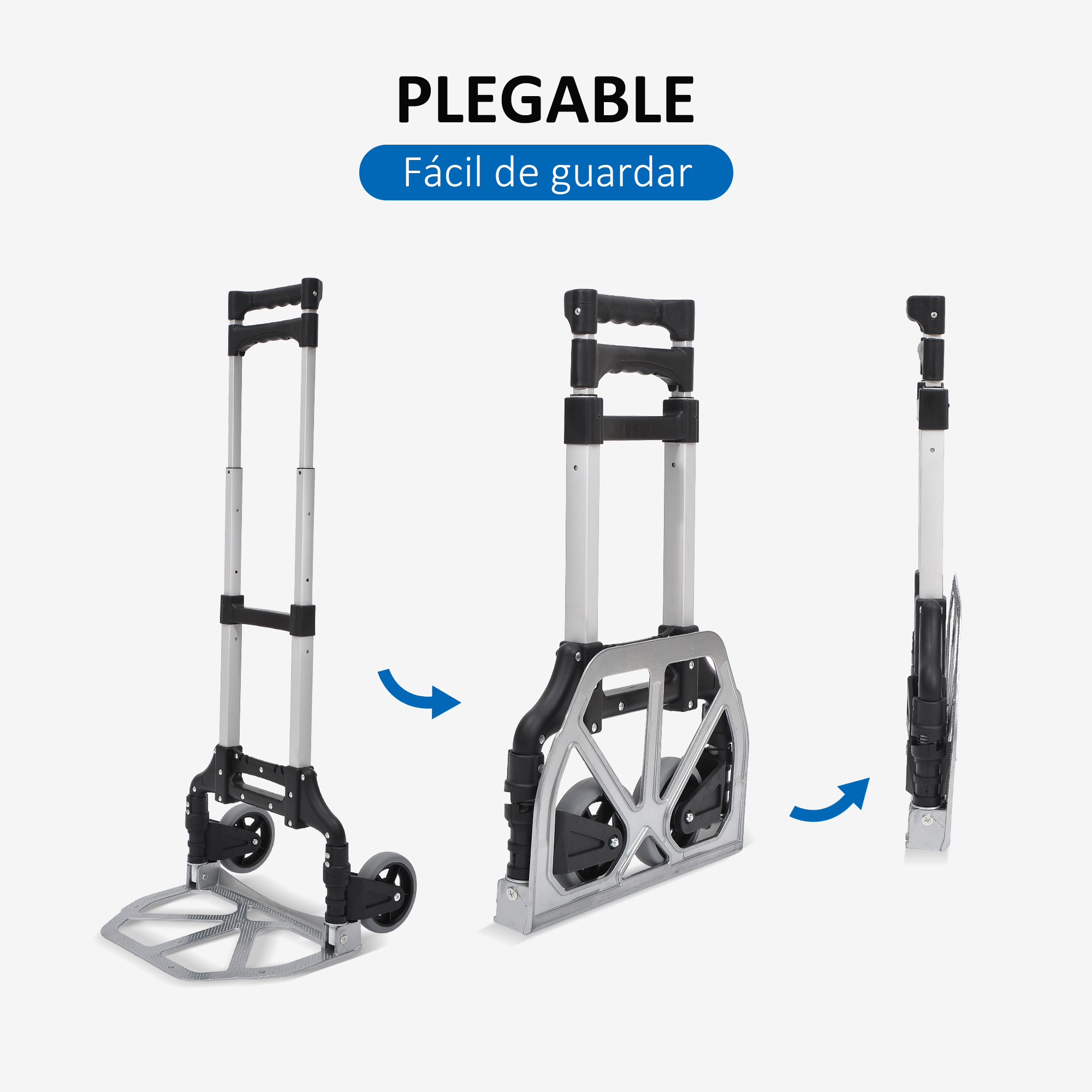 Una carretilla de mano plegable mostrada en tres pasos: desplegada, parcialmente plegada y totalmente plegada.
