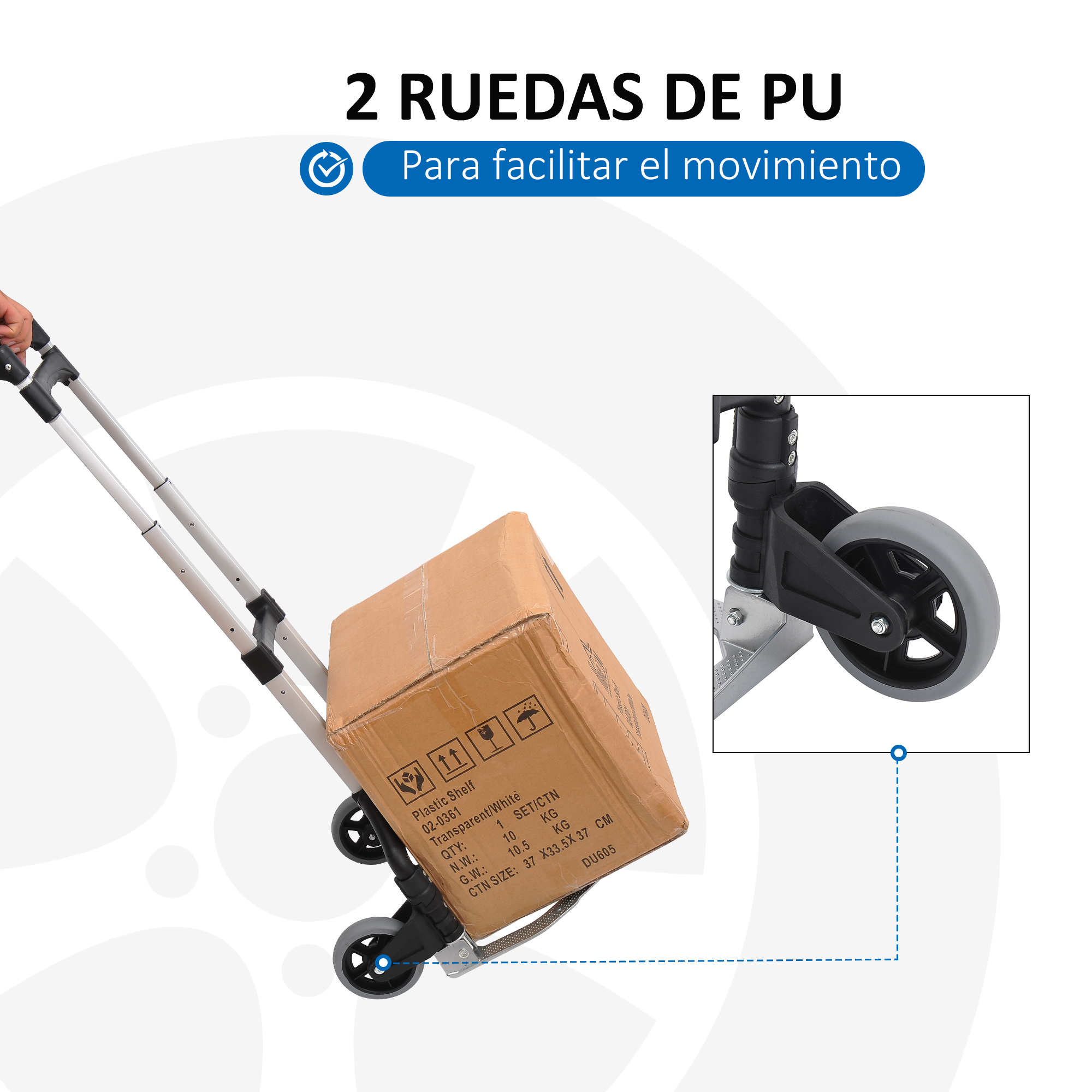 Carretilla de mano con dos ruedas de PU transporta una caja de cartón. Detalle de la rueda.