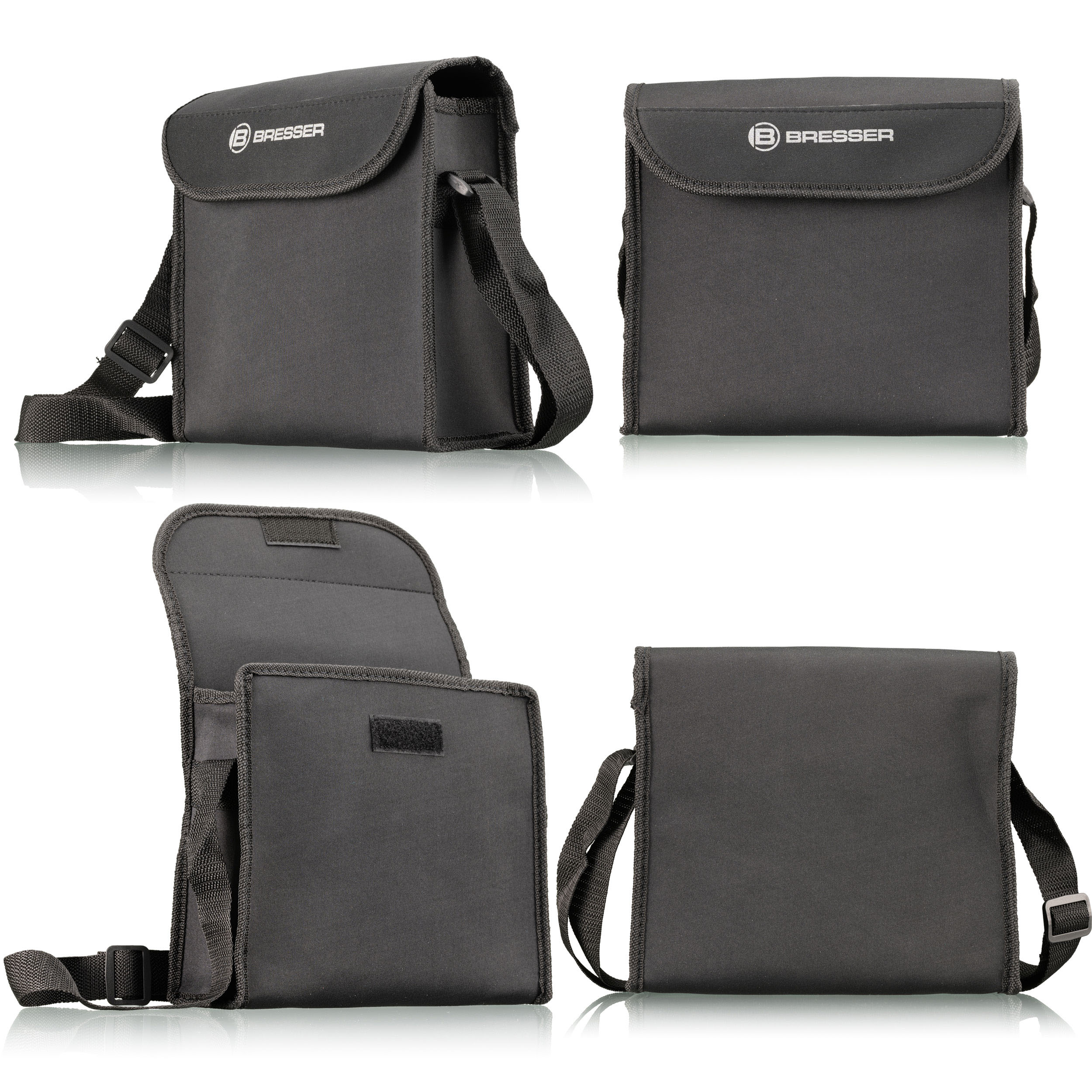 Quattro viste di una borsa per fotocamera Bresser nera con tracolla, mostrata chiusa, aperta, davanti e dietro su sfondo bianco.