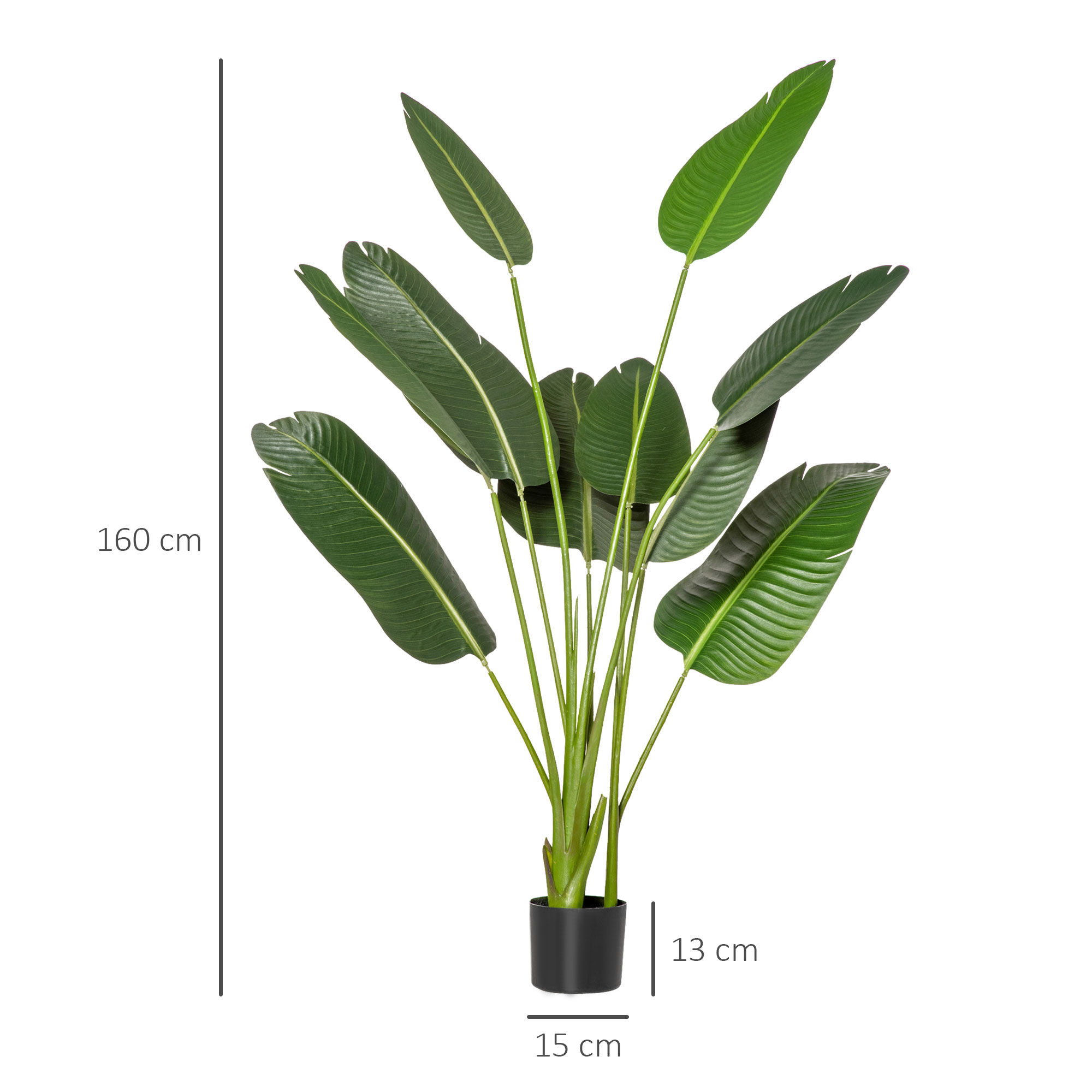 Una planta verde artificial con hojas grandes en una maceta negra, con dimensiones de 160 cm de alto, 13 cm y 15 cm de ancho.