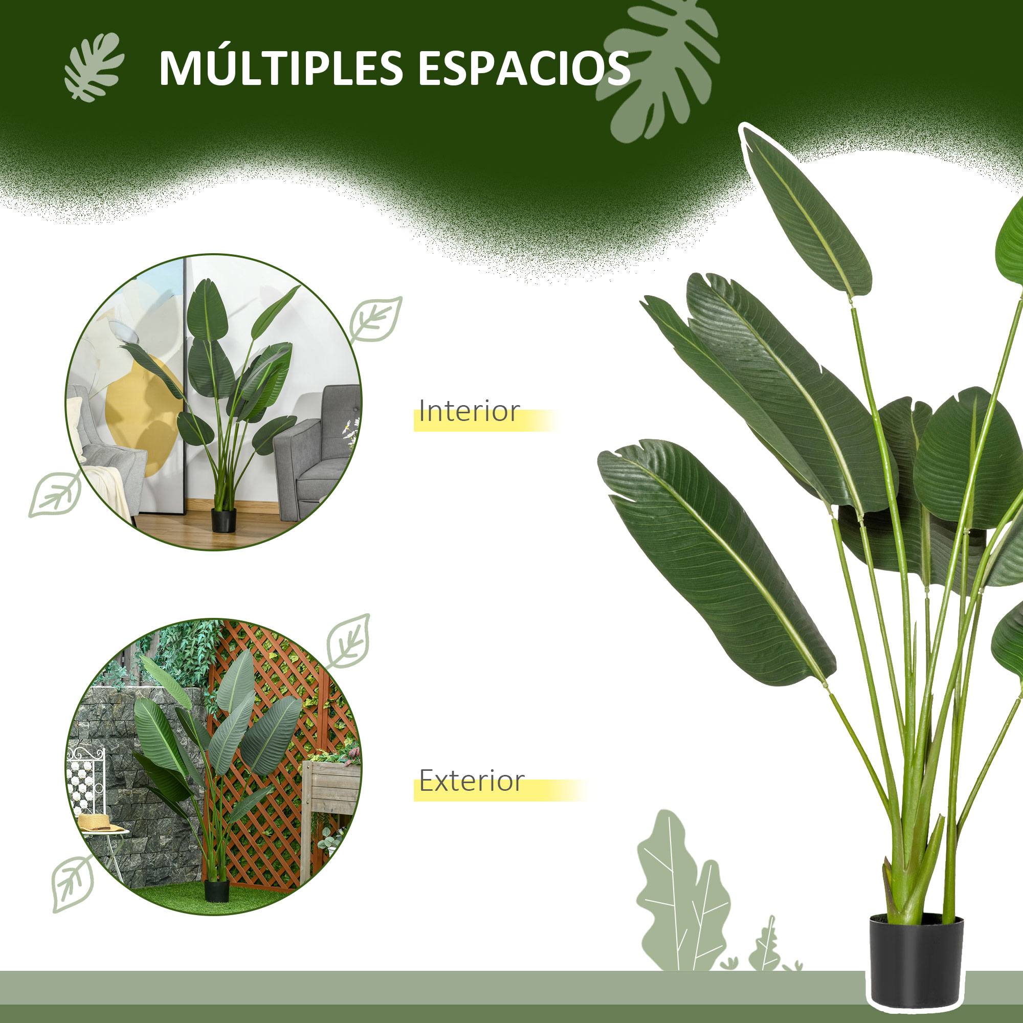 Planta artificial de ave del paraíso en maceta negra para interior y exterior, con dos imágenes circulares.