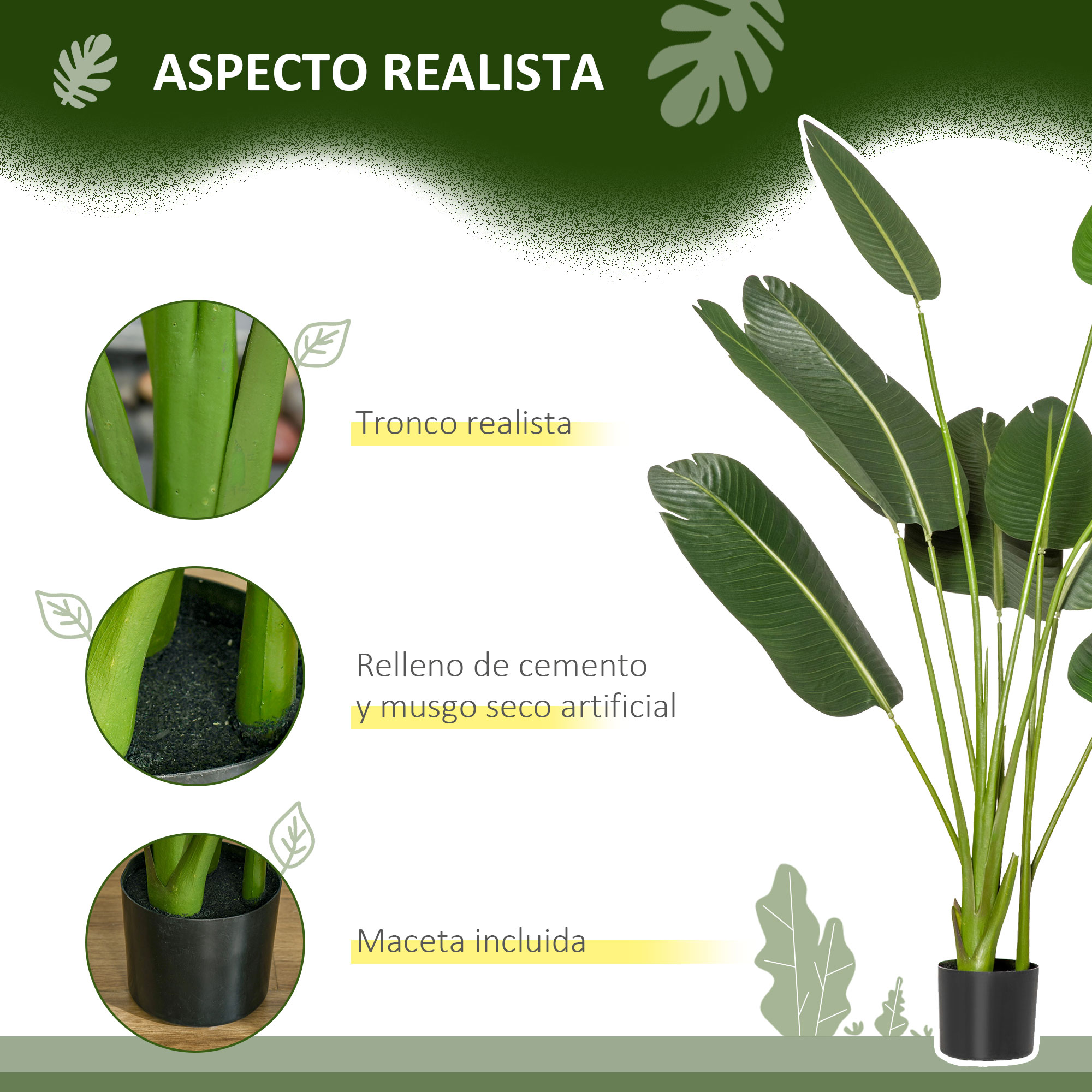 Infografía de una planta artificial destacando su tronco realista, musgo y maceta.