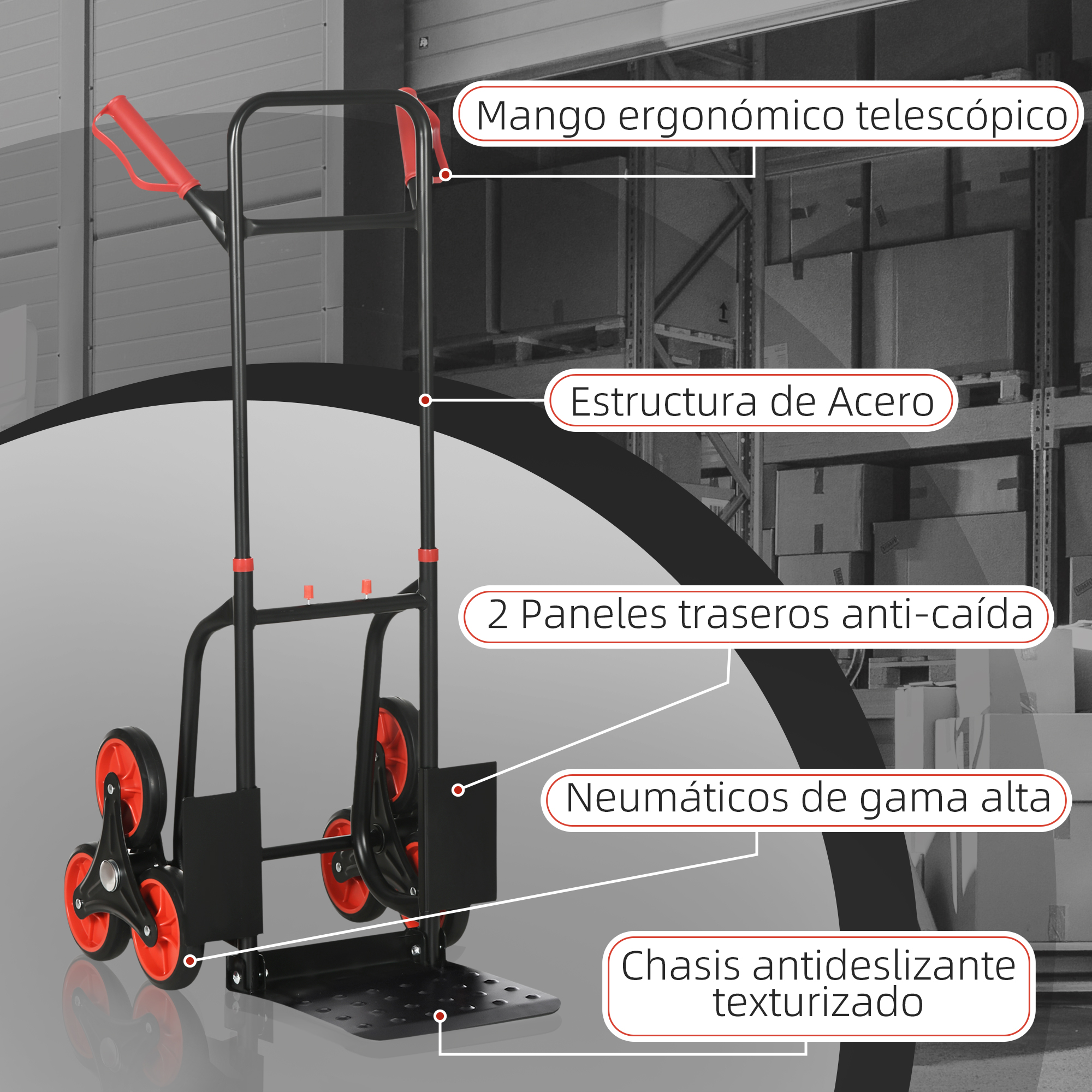 Carretilla de mano con estructura roja y textos explicativos frente a un almacén.