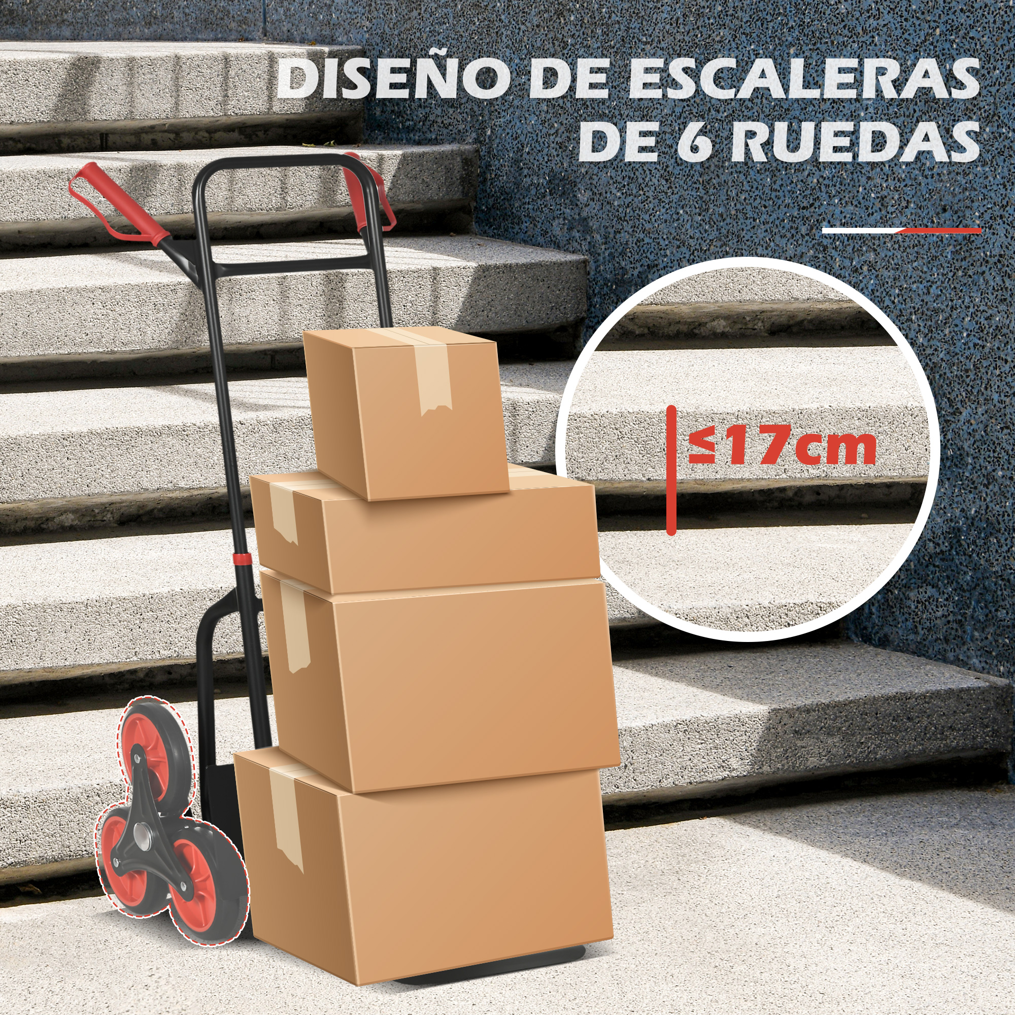 Una carretilla de mano con cuatro cajas apiladas frente a escaleras exteriores.