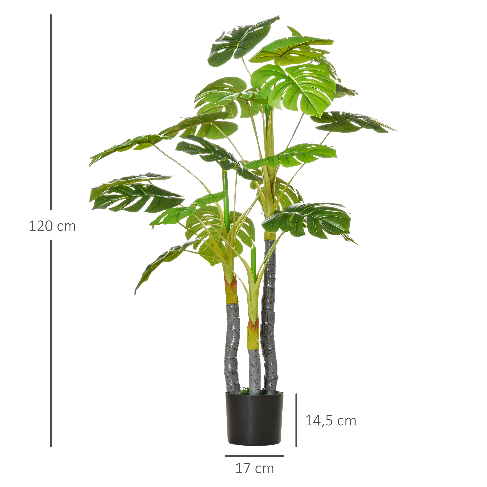 Planta monstera artificial en una maceta negra con etiquetas de dimensiones.