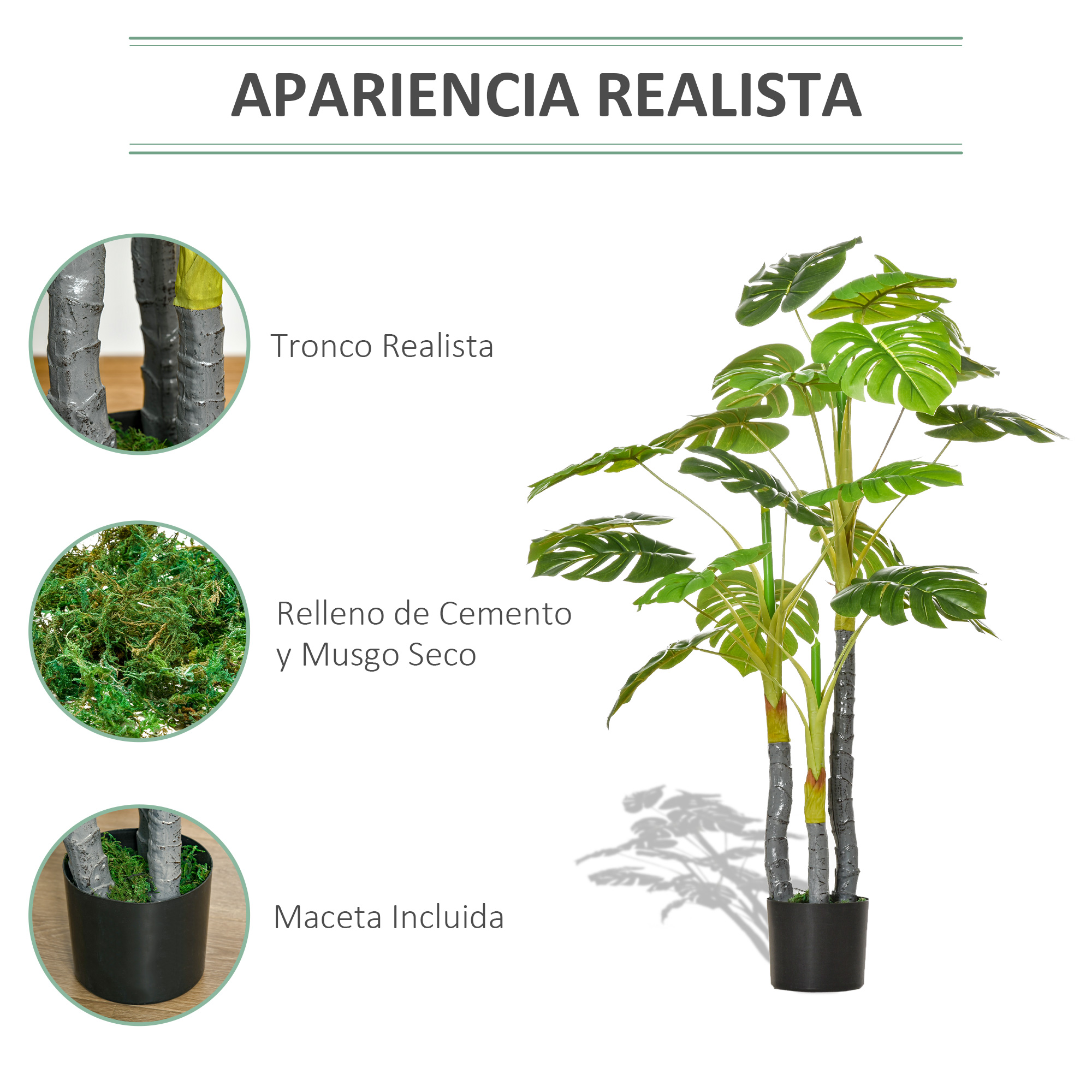 Planta monstera artificial con tres troncos grises, relleno de cemento, musgo y una maceta negra.