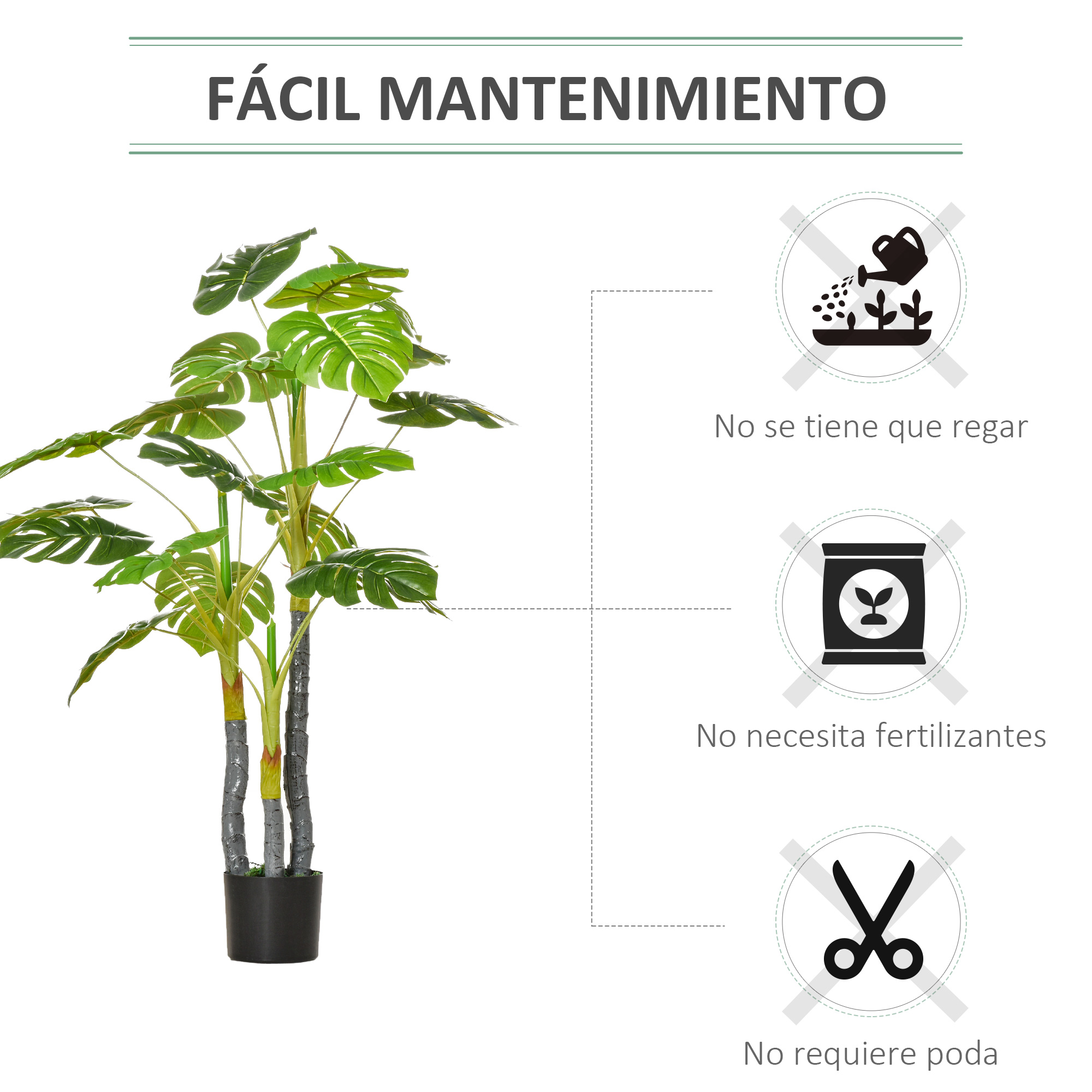 Planta monstera artificial de fácil mantenimiento en maceta con iconos de sin riego, abono ni poda.