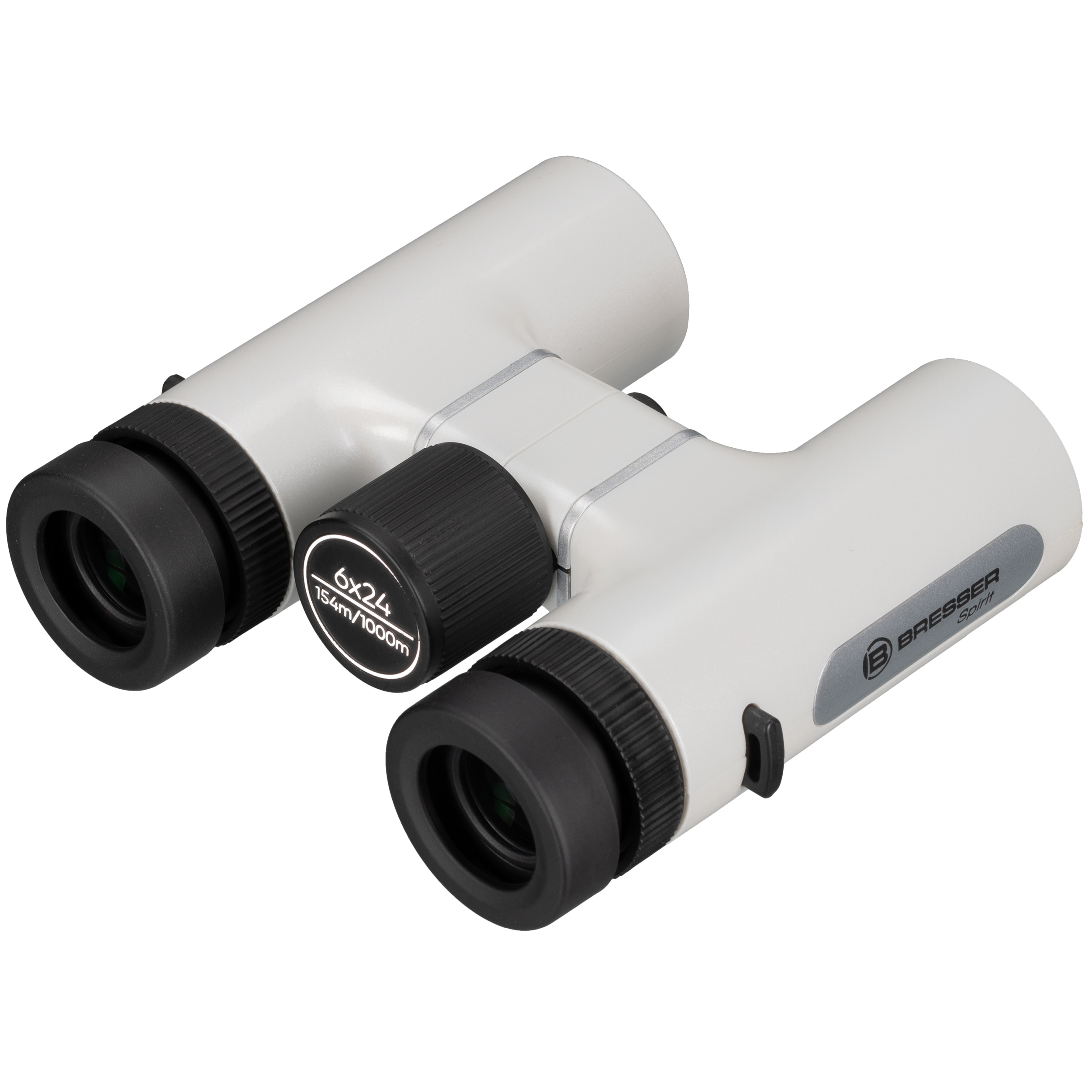 Binocolo compatto bianco Bresser Spirit 6x24 con conchiglie oculari nere e rotella di messa a fuoco su sfondo bianco.