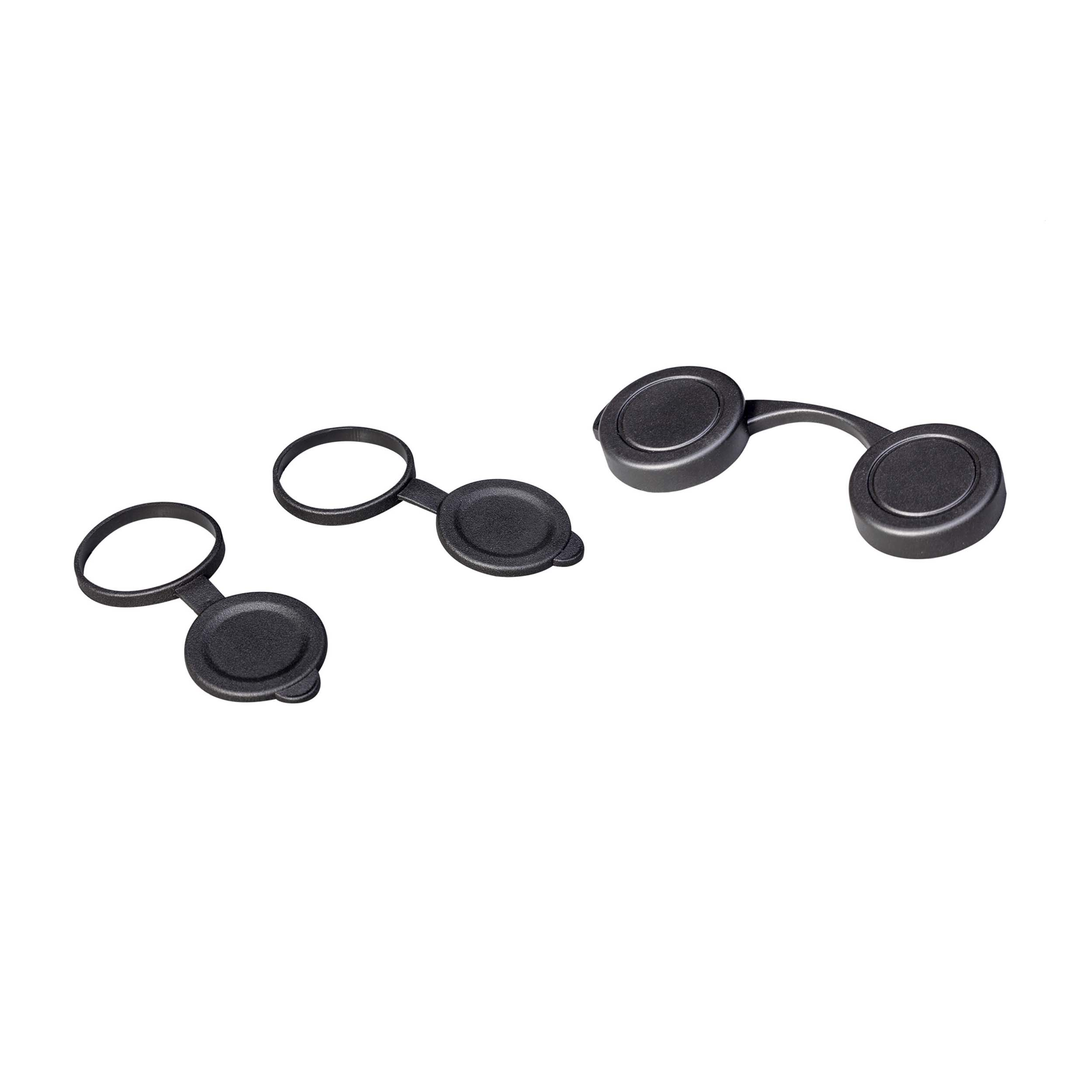 Tres tapas de visor de plástico negro sobre fondo blanco, dos parcialmente abiertas y una cerrada.