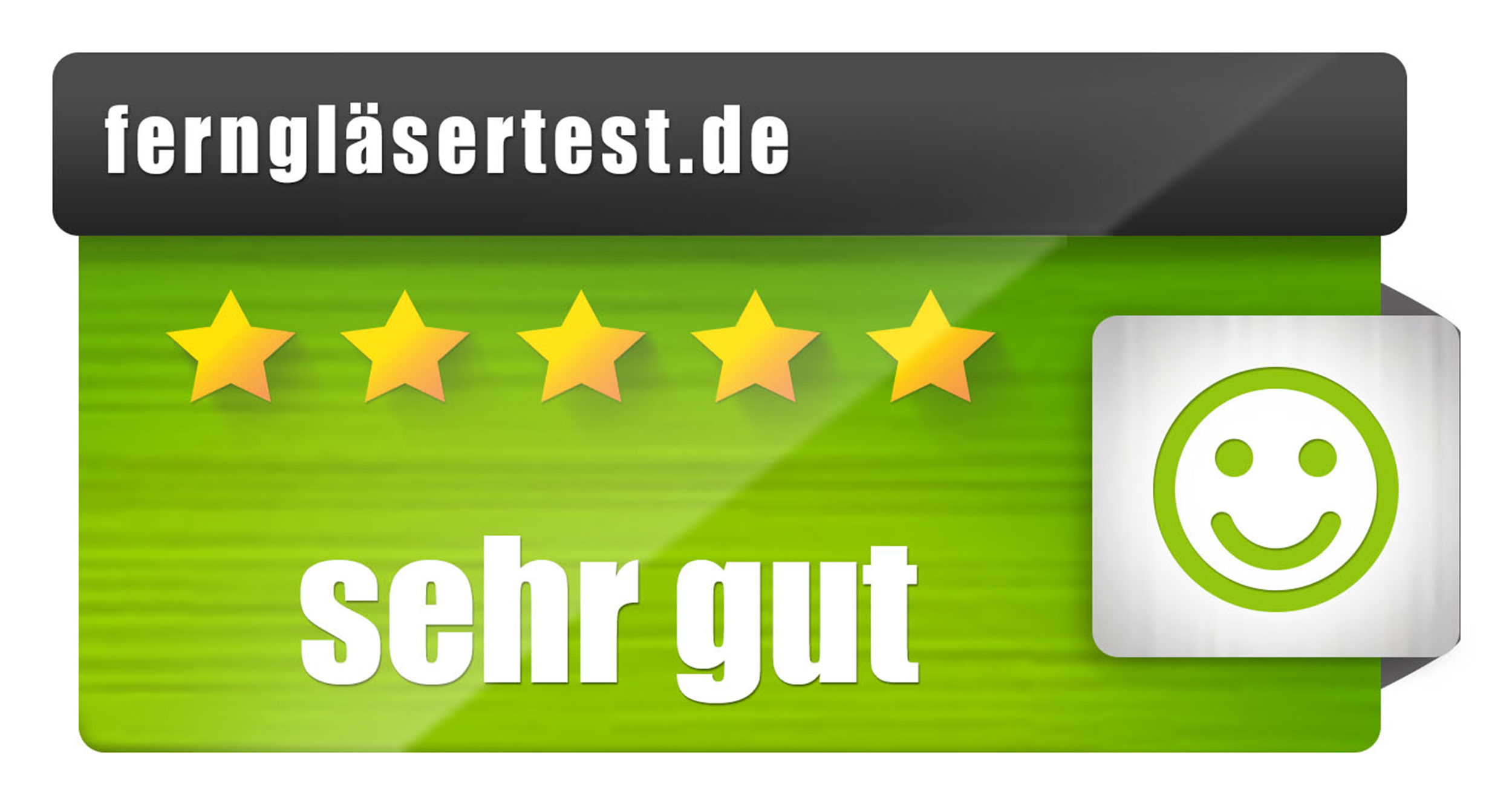 Banner verde con cinco estrellas amarillas, el texto "sehr gut" y una carita feliz.