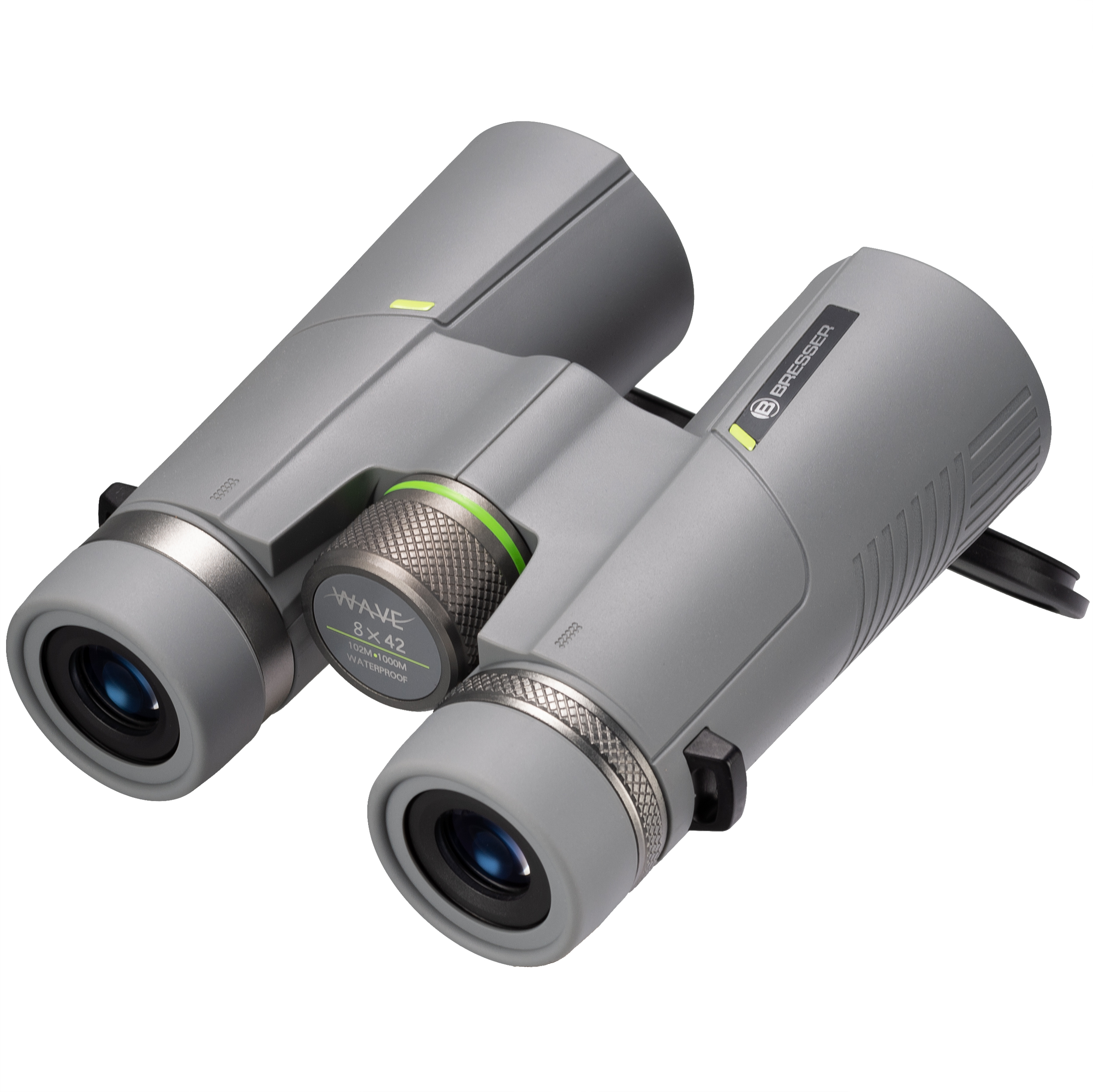 Binocolo grigio Bresser Wave 8x42 con rotella di messa a fuoco centrale su sfondo bianco.