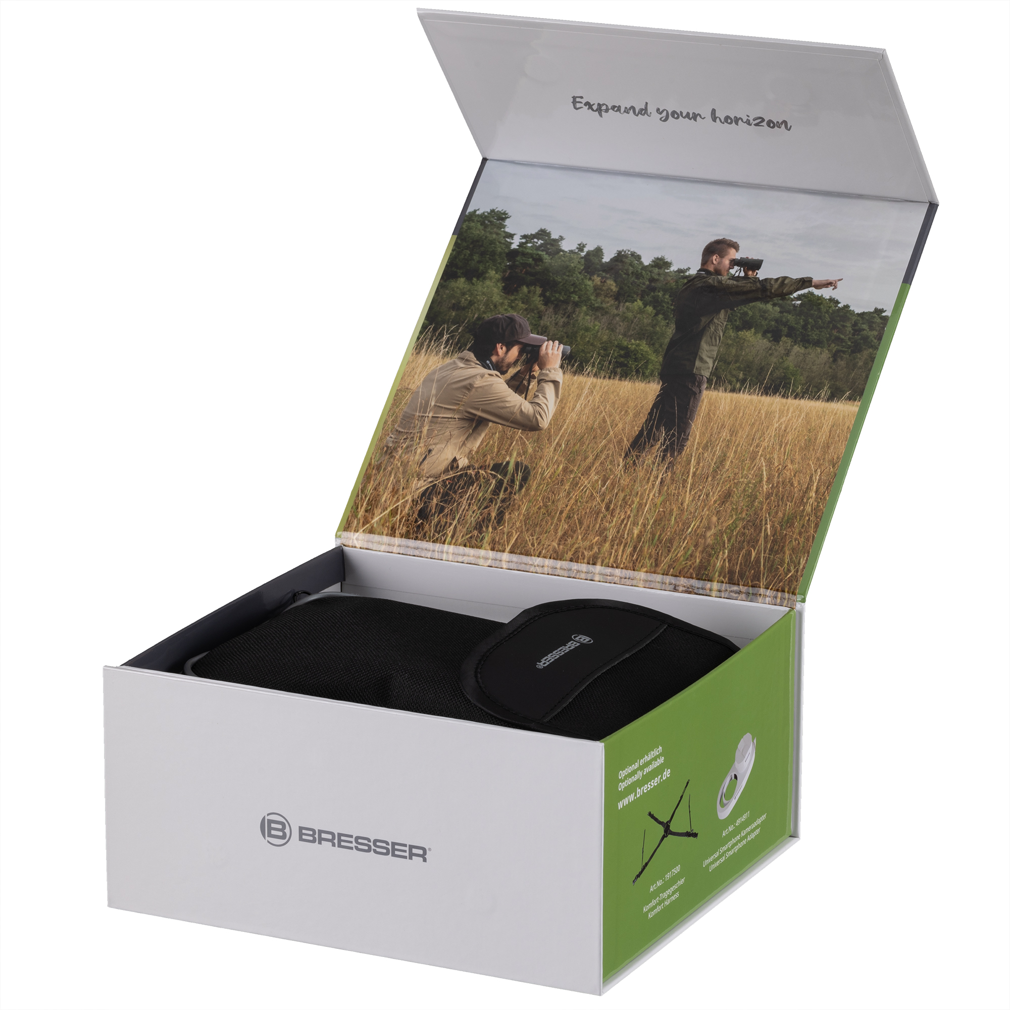 Caja de producto Bresser abierta con un estuche negro dentro e imagen de hombres con prismáticos en hierba.