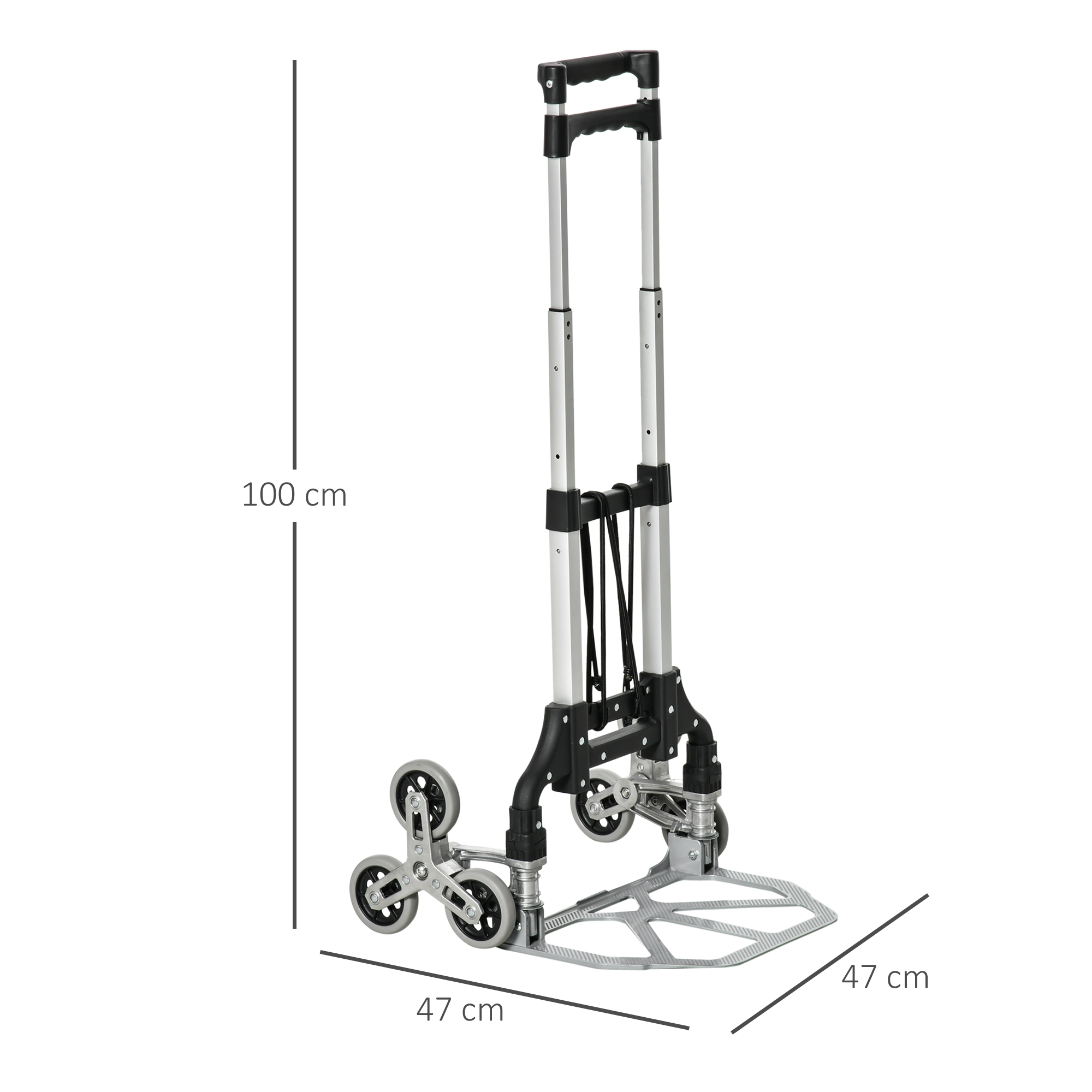Carretilla plegable en plata y negro, con asa extensible y dimensiones de 100 cm de altura y 47 cm de ancho.