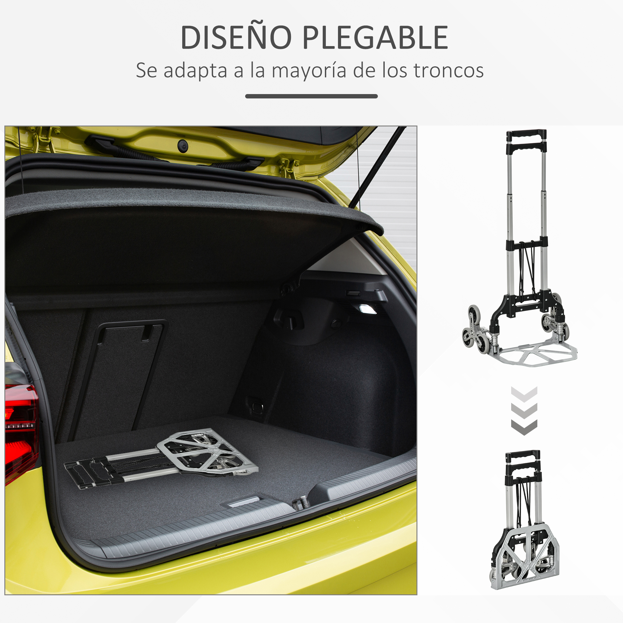 Una carretilla plegable yace en el maletero de un coche, con dos vistas de la carretilla a la derecha.