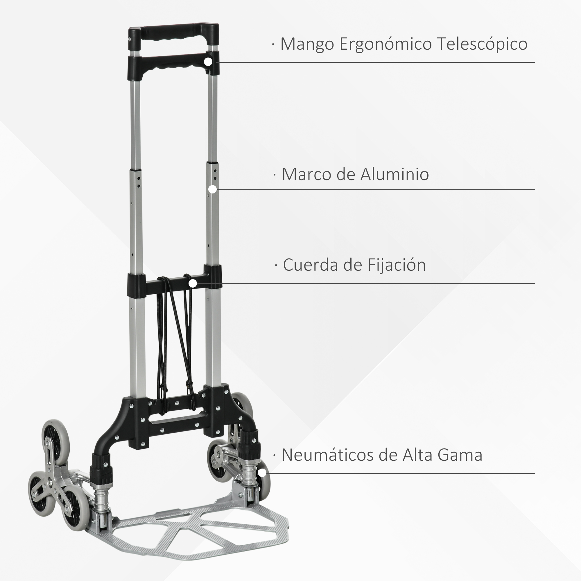 Carretilla de aluminio con mango telescópico, cuerda elástica y ruedas para escaleras.