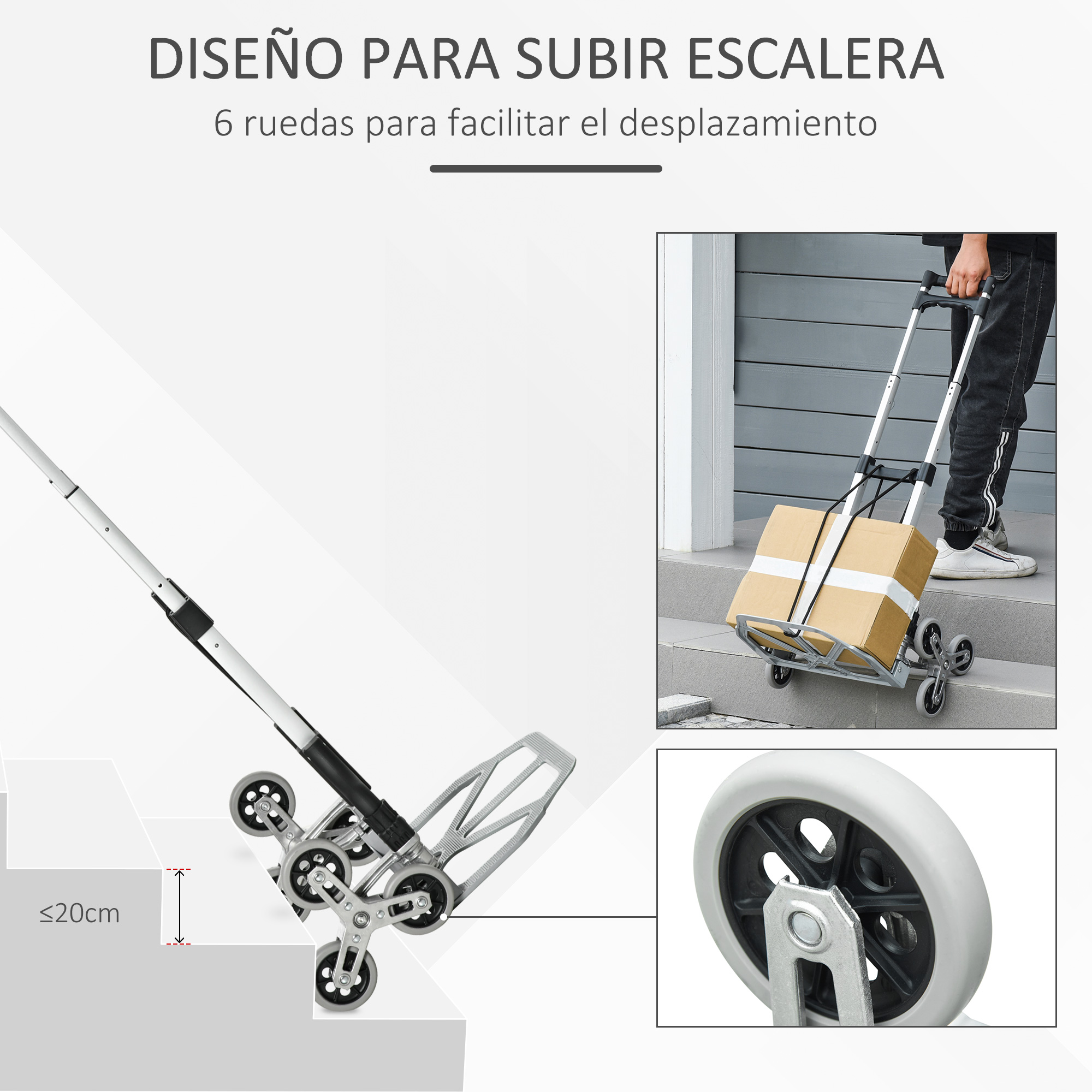 Un carro de mano de seis ruedas para subir escaleras, con ruedas triples para un transporte fácil.