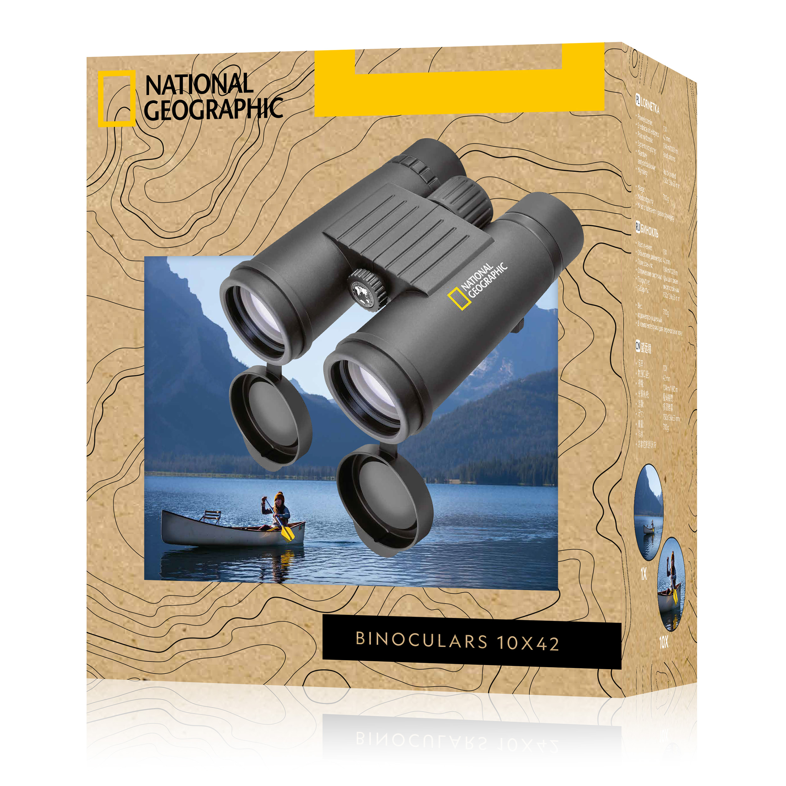 Binocolo National Geographic 10x42 in confezione con immagine paesaggistica.