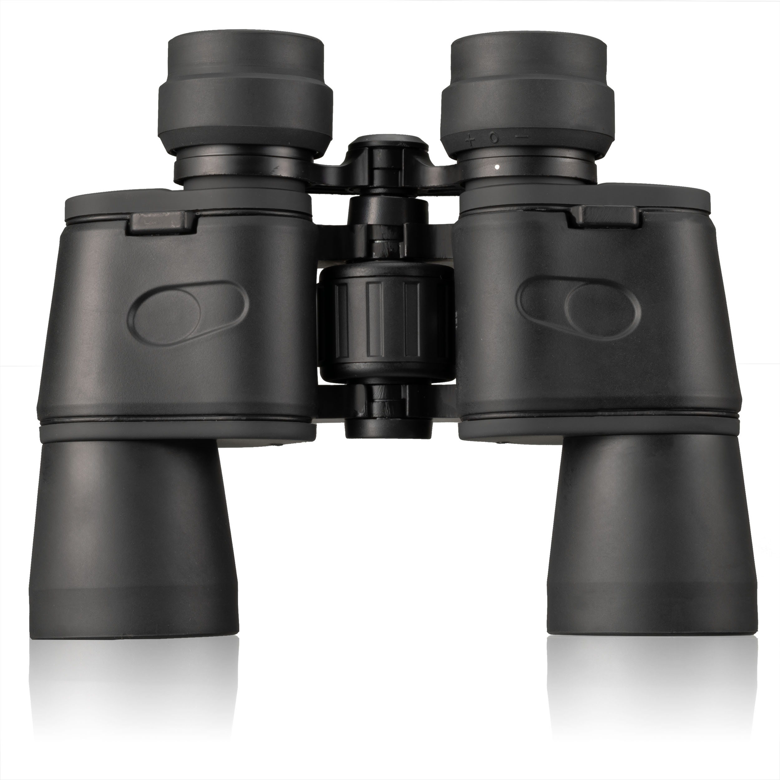 Binocolo nero su sfondo bianco con lievi riflessi.