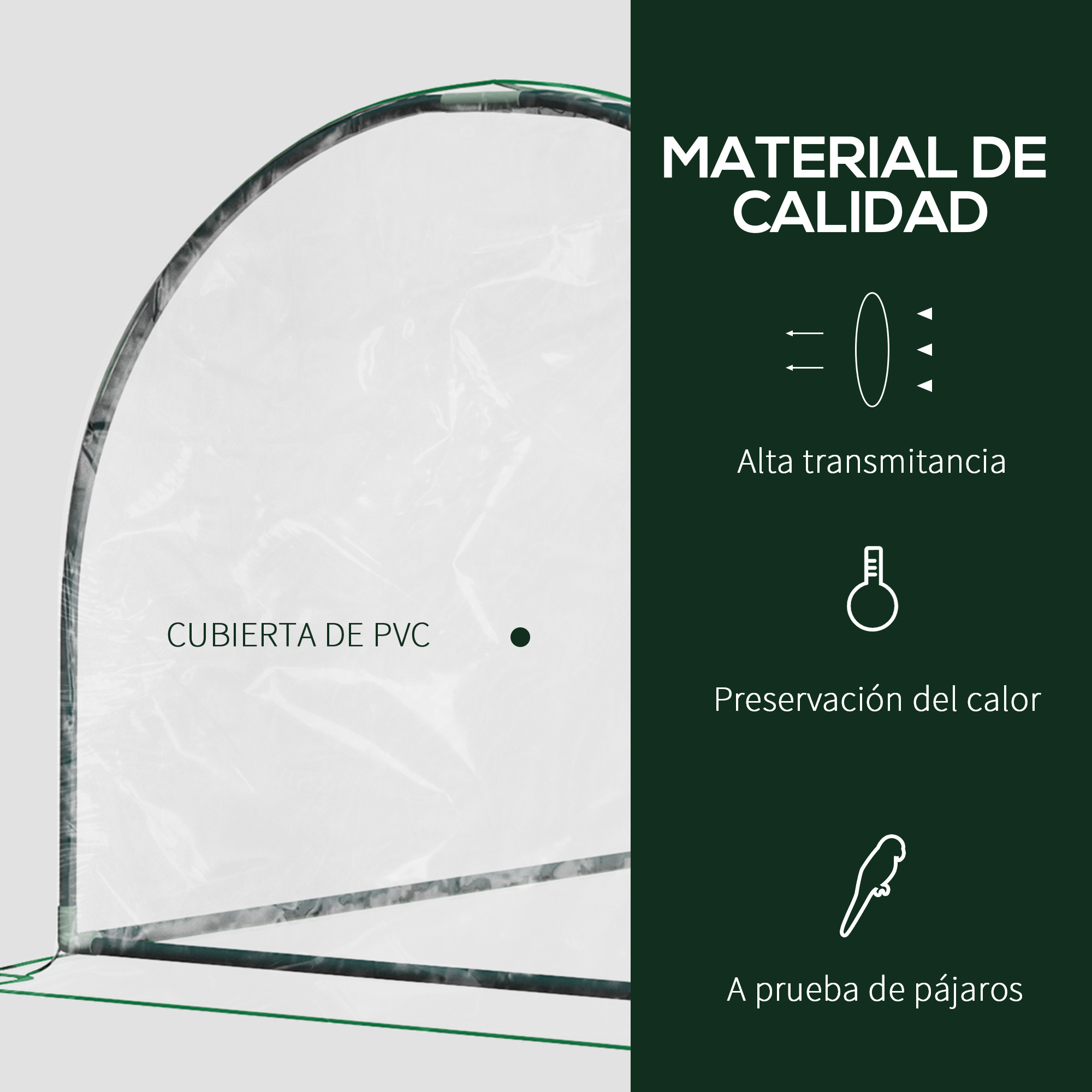 Banner de producto muestra invernadero de PVC con iconos de alta transmitancia, conservación de calor y protección contra aves.