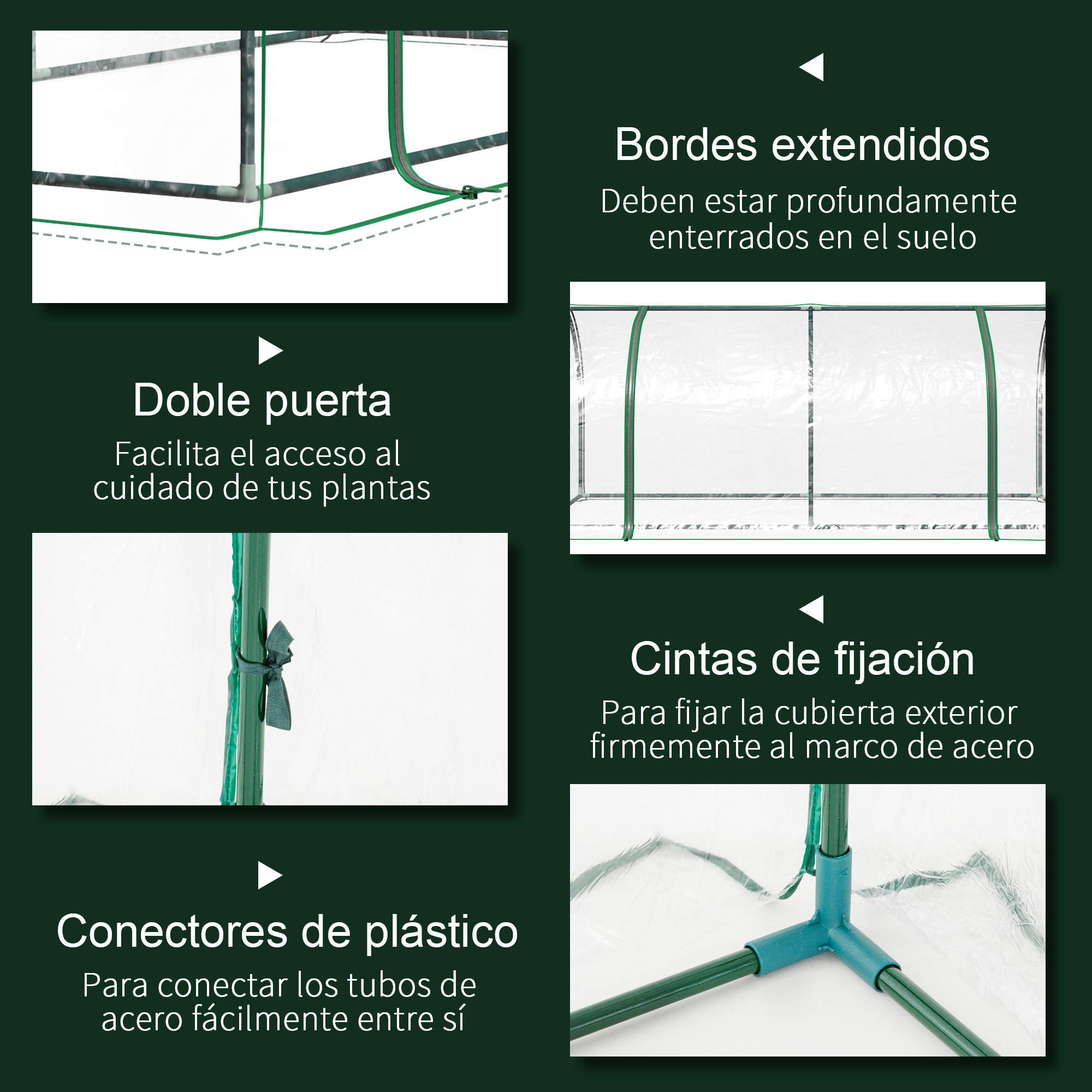Guía de características de invernadero con bordes extendidos, doble puerta, cintas de fijación y conectores.