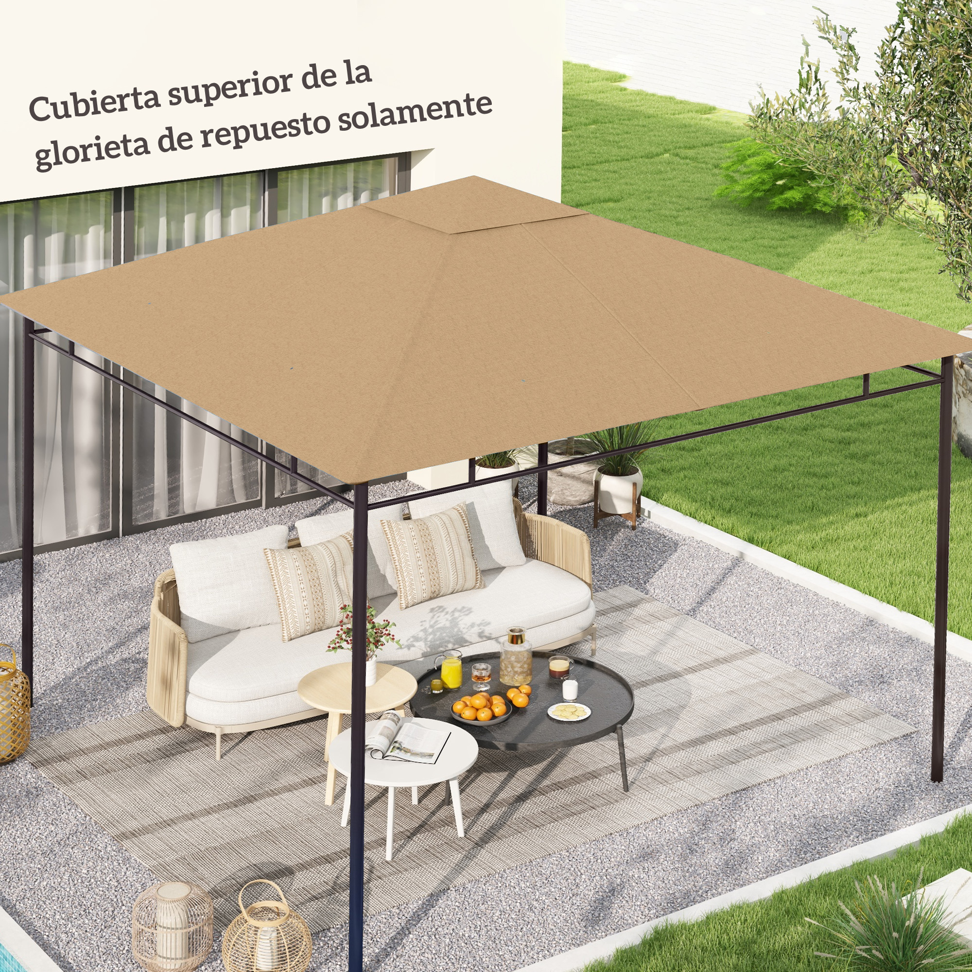 Una pérgola beige sobre un conjunto de jardín con sofá y mesas en el jardín.