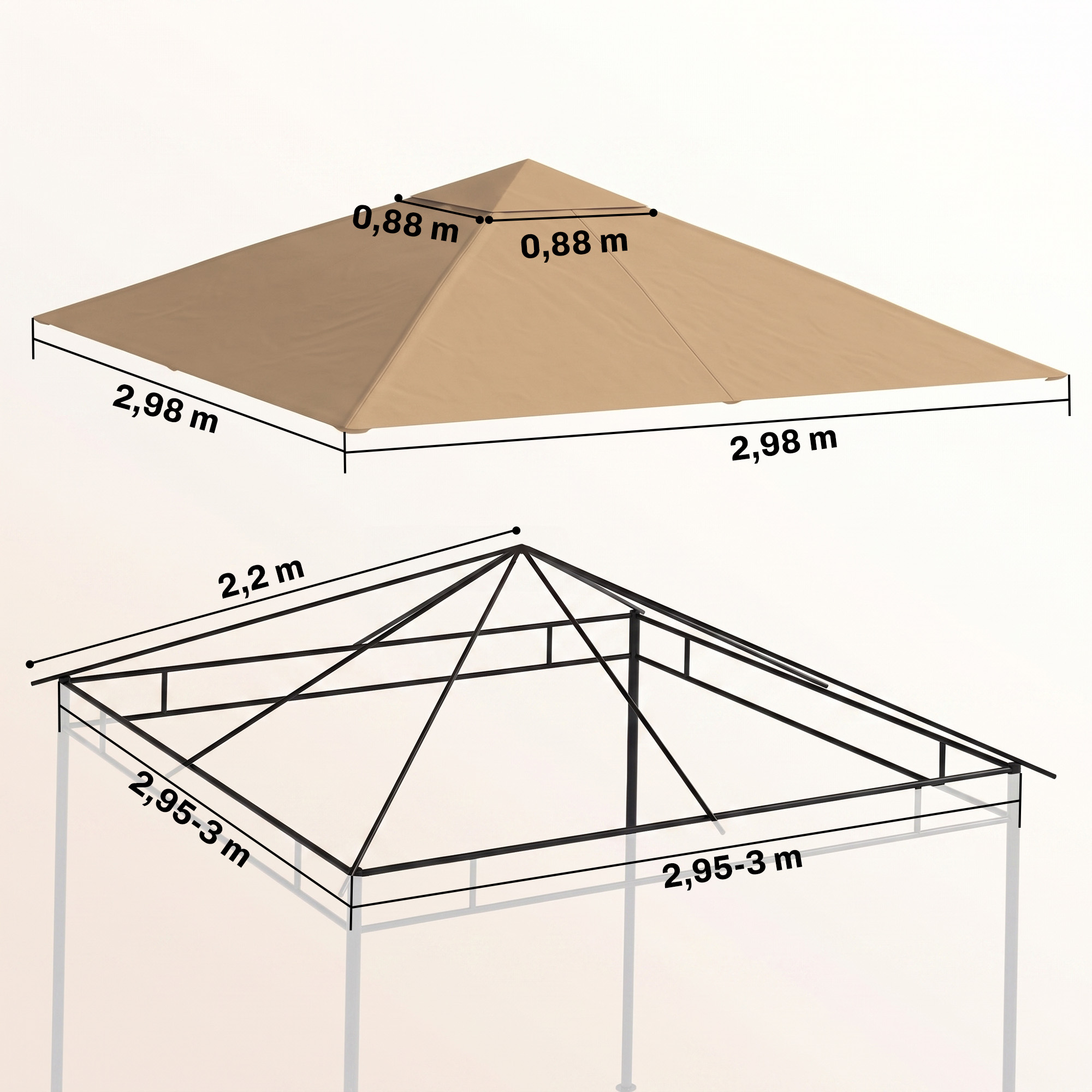 Diagrama que muestra las dimensiones de un techo de cenador beige y su estructura de metal negro.