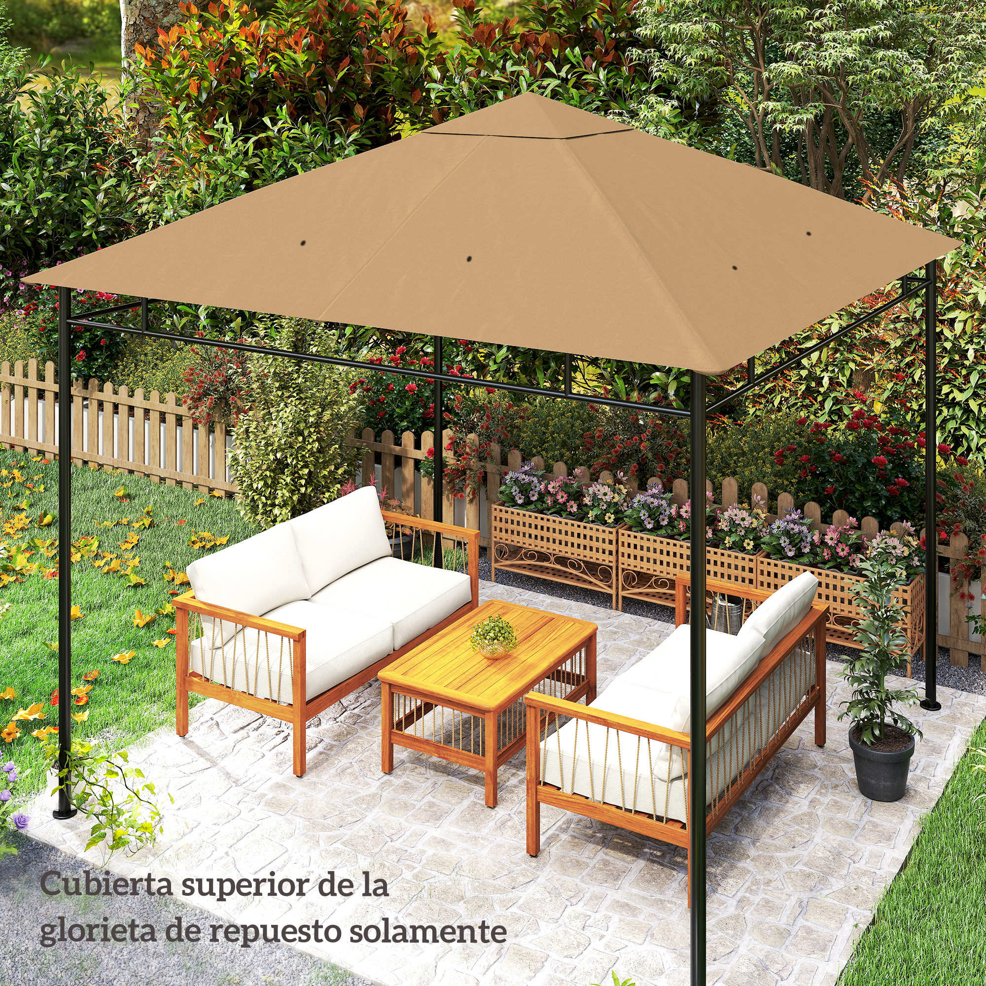 Un cenador marrón con muebles de jardín se encuentra en un patio de piedra.