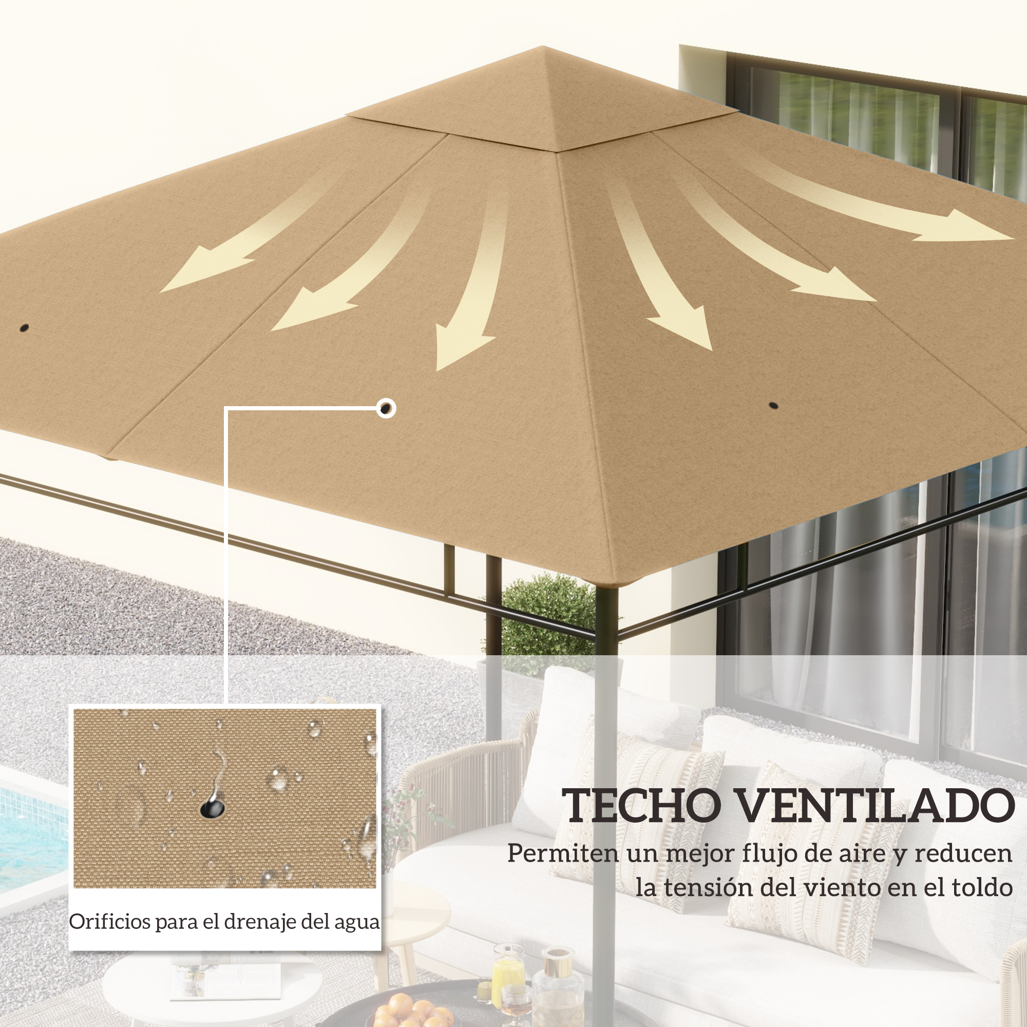 Gazebo de patio beige con doble techo ventilado, mostrando orificios de drenaje y muebles.