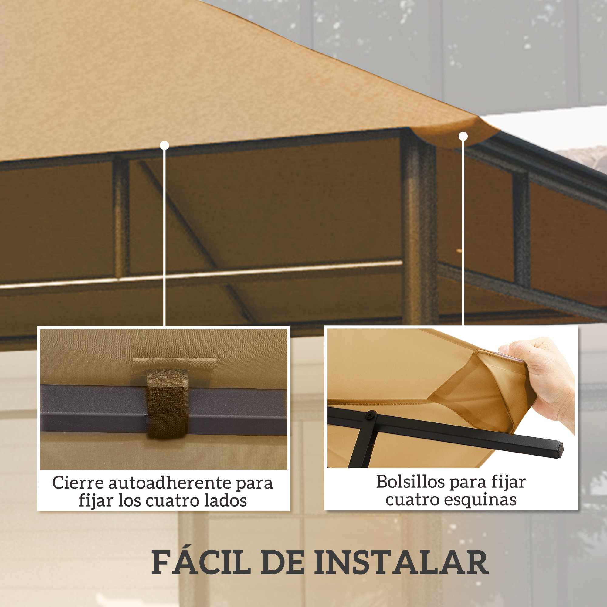 Detalles del cenador: correas de velcro y bolsillos en las esquinas para una fácil instalación.
