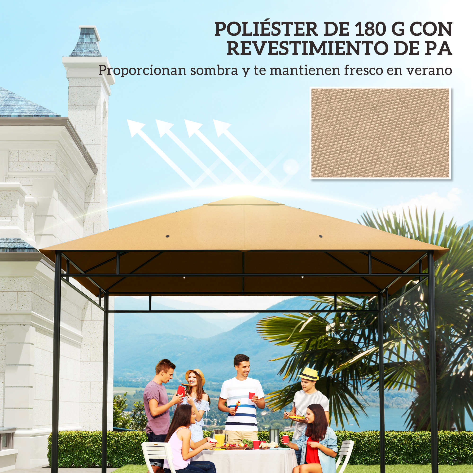 Un cenador beige en un jardín da sombra a un grupo de amigos que comen y sonríen al aire libre junto a un lago.