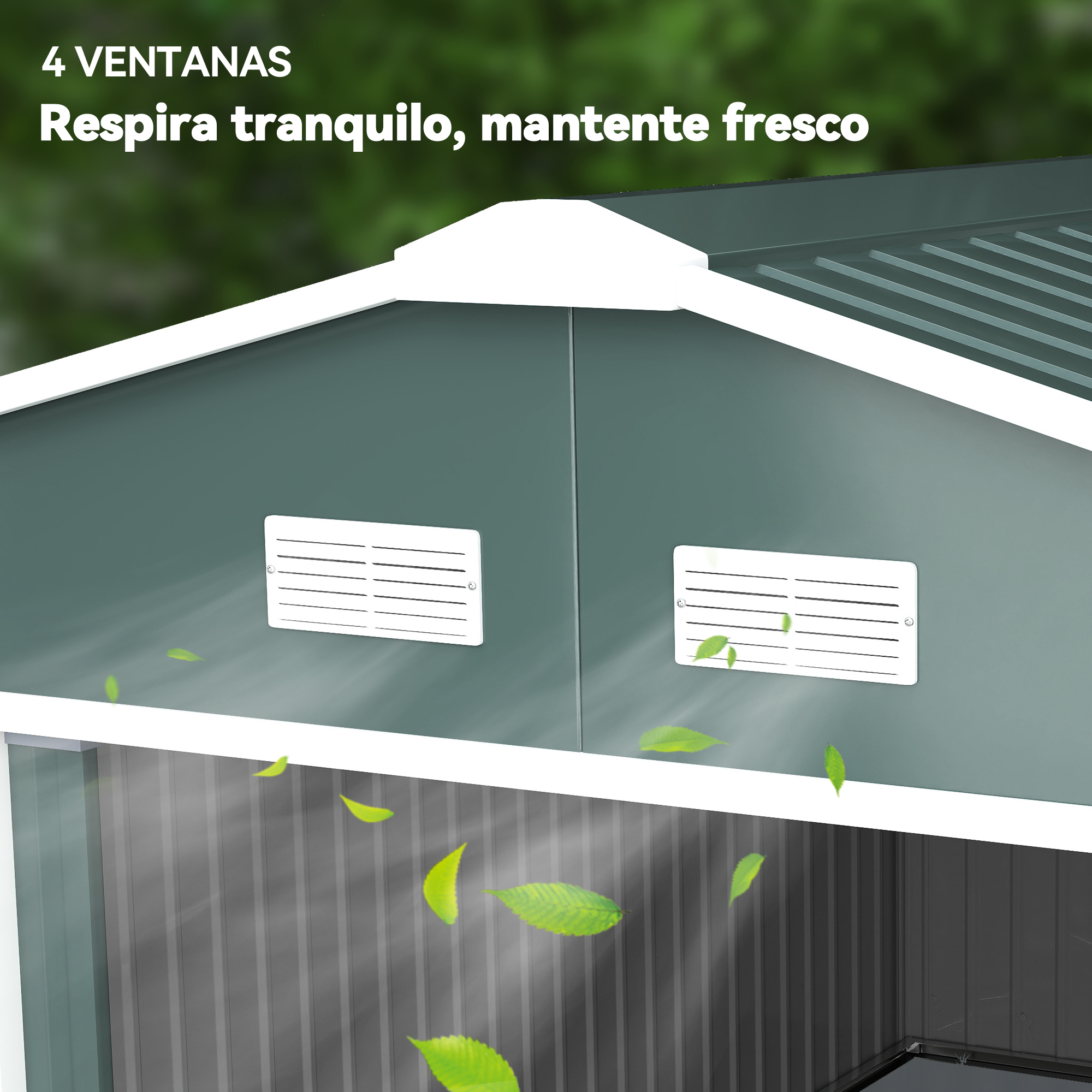Cobertizo verde con detalles blancos, rejillas de ventilación y hojas flotando en el aire.