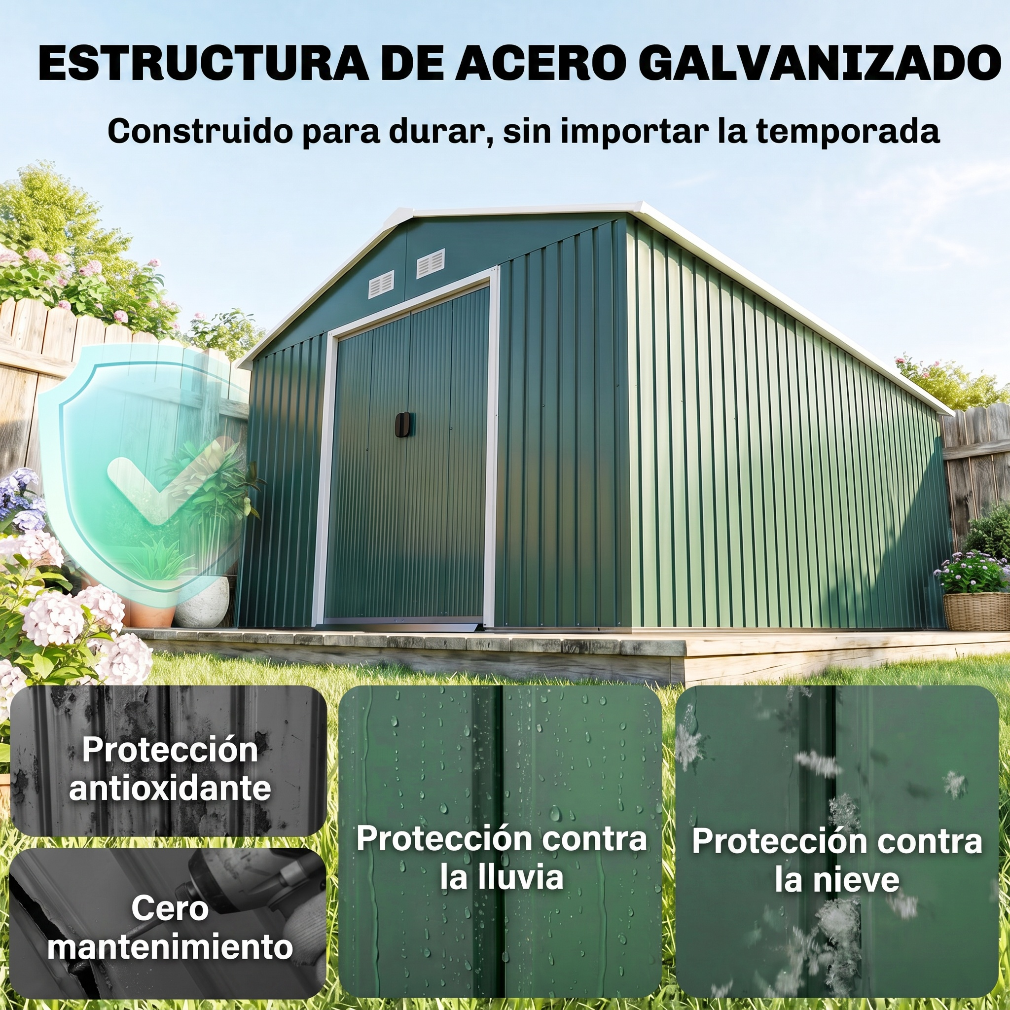 Caseta de jardín de acero galvanizado verde con iconos de protección contra lluvia, nieve y óxido.