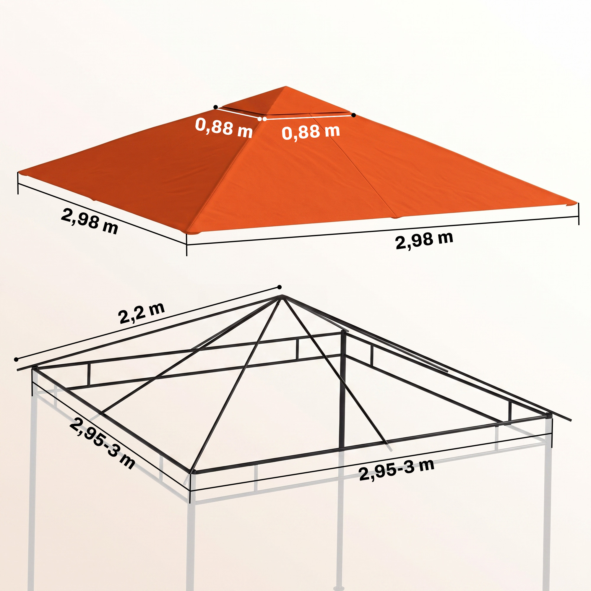 Diagrama de un techo de cenador naranja con medidas dimensionales de largo, ancho y alto.