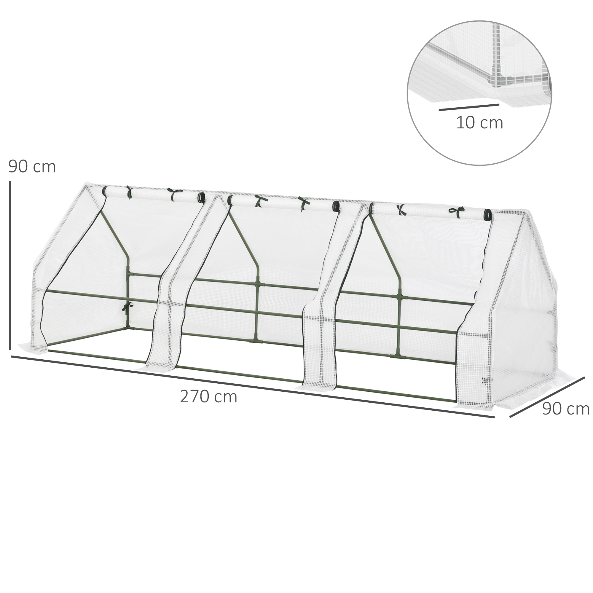 Un invernadero de plástico blanco de 270x90x90 cm con detalle de 10 cm en un círculo.