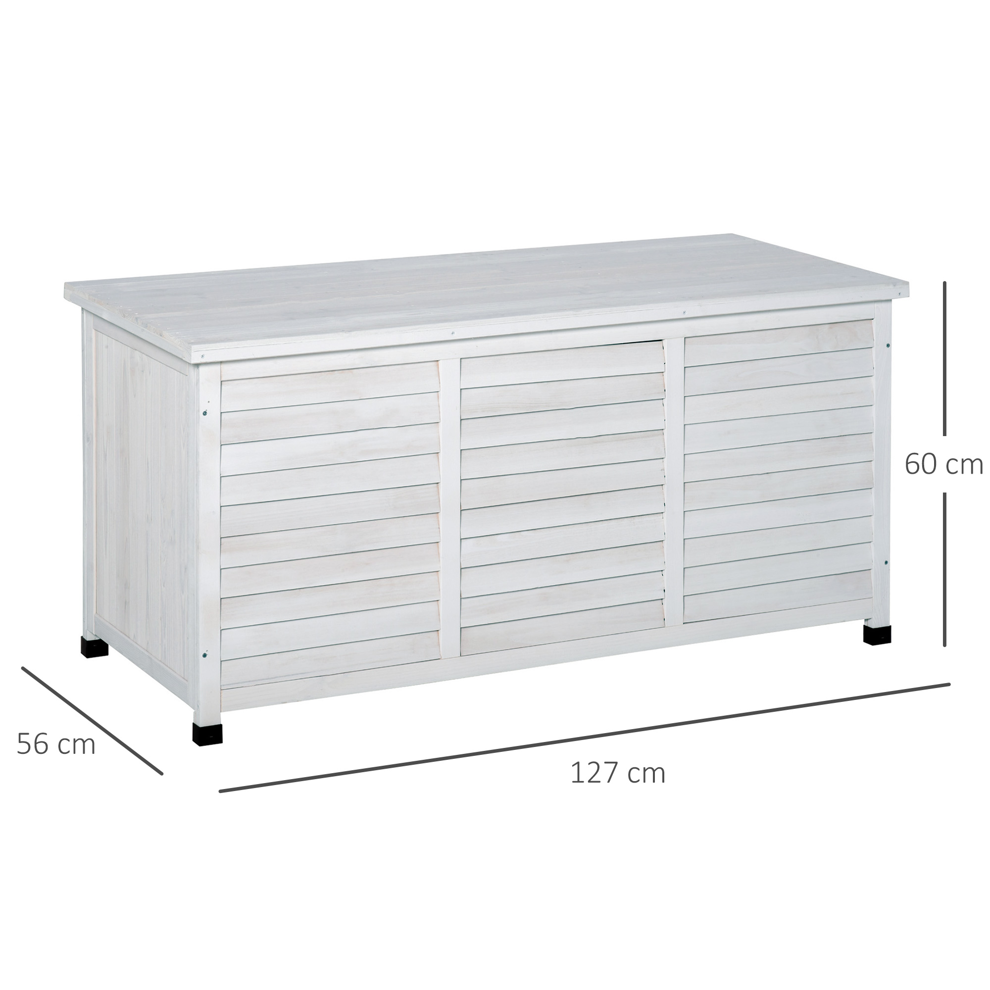 Una caja de almacenamiento de madera blanca con 127 cm de largo, 56 cm de ancho y 60 cm de alto.