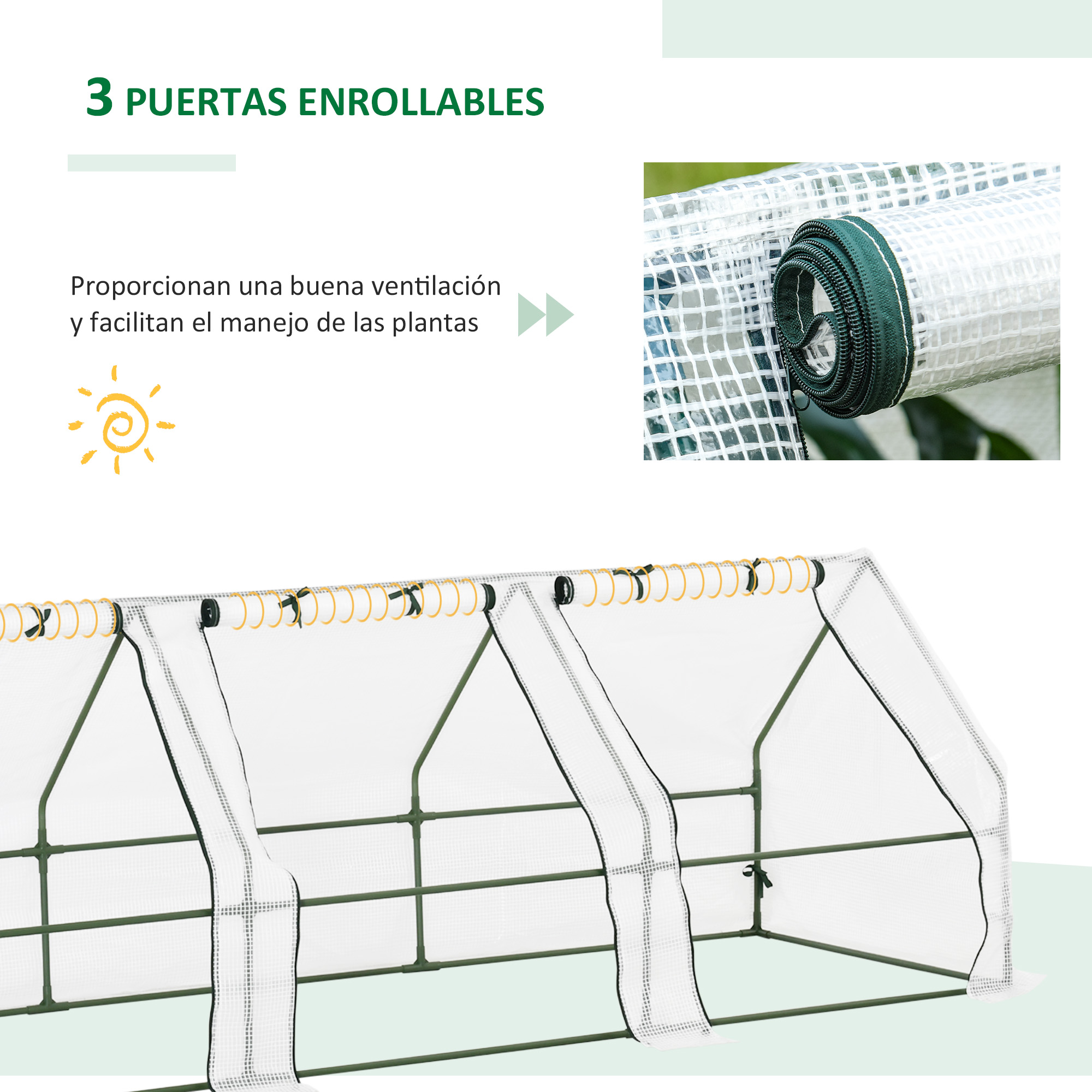 Un invernadero con tres puertas enrollables, estructura verde y cubierta transparente. Contiene texto.