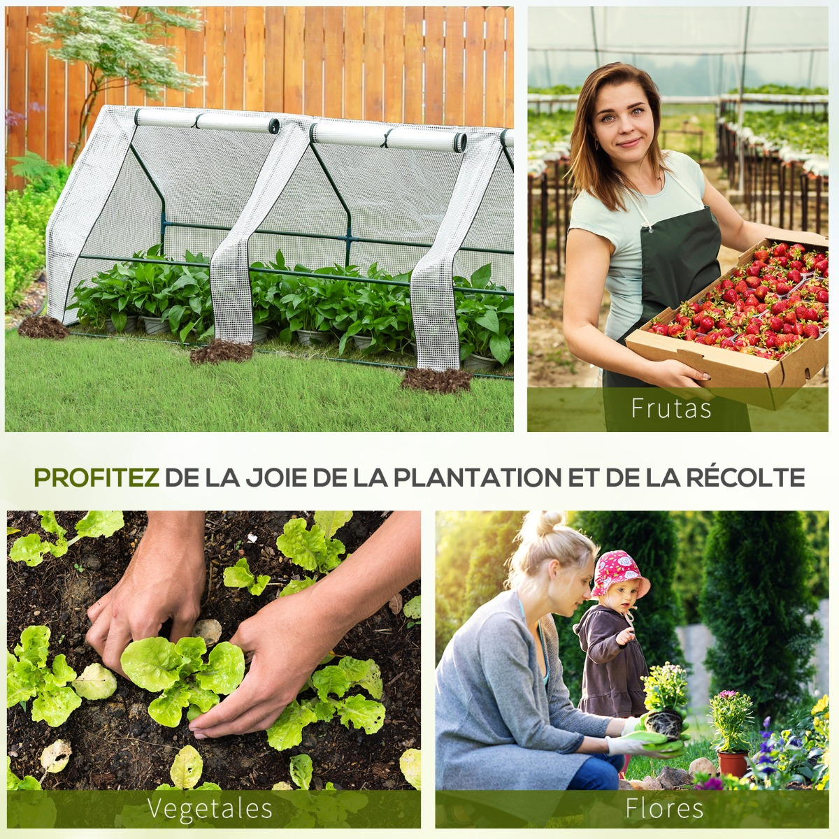 Un collage que muestra un pequeño invernadero, una mujer con fresas, manos plantando lechuga y una mujer con un niño en el jardín.