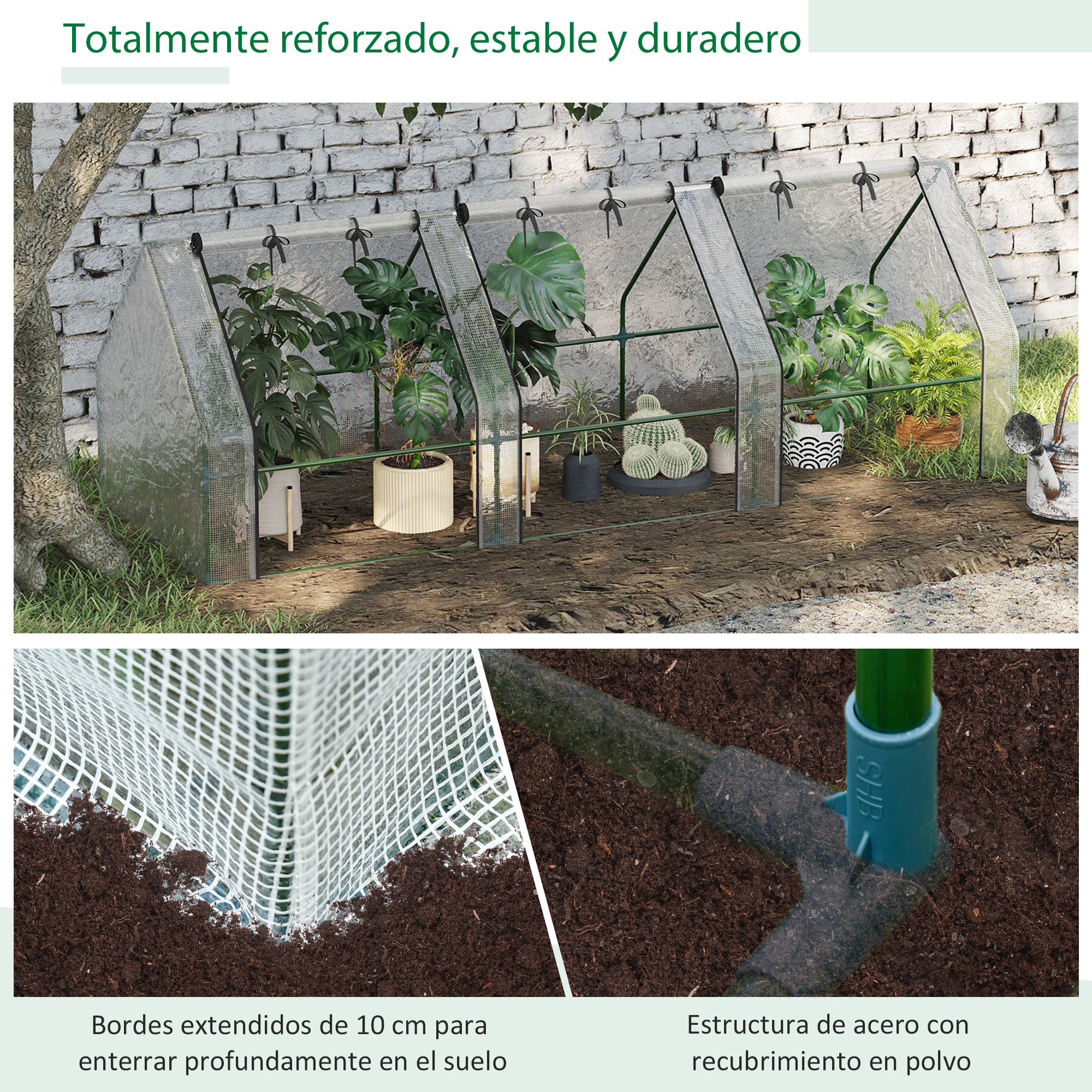 Un invernadero túnel con plantas en maceta, bordes reforzados y estructura de acero resistente en un jardín.