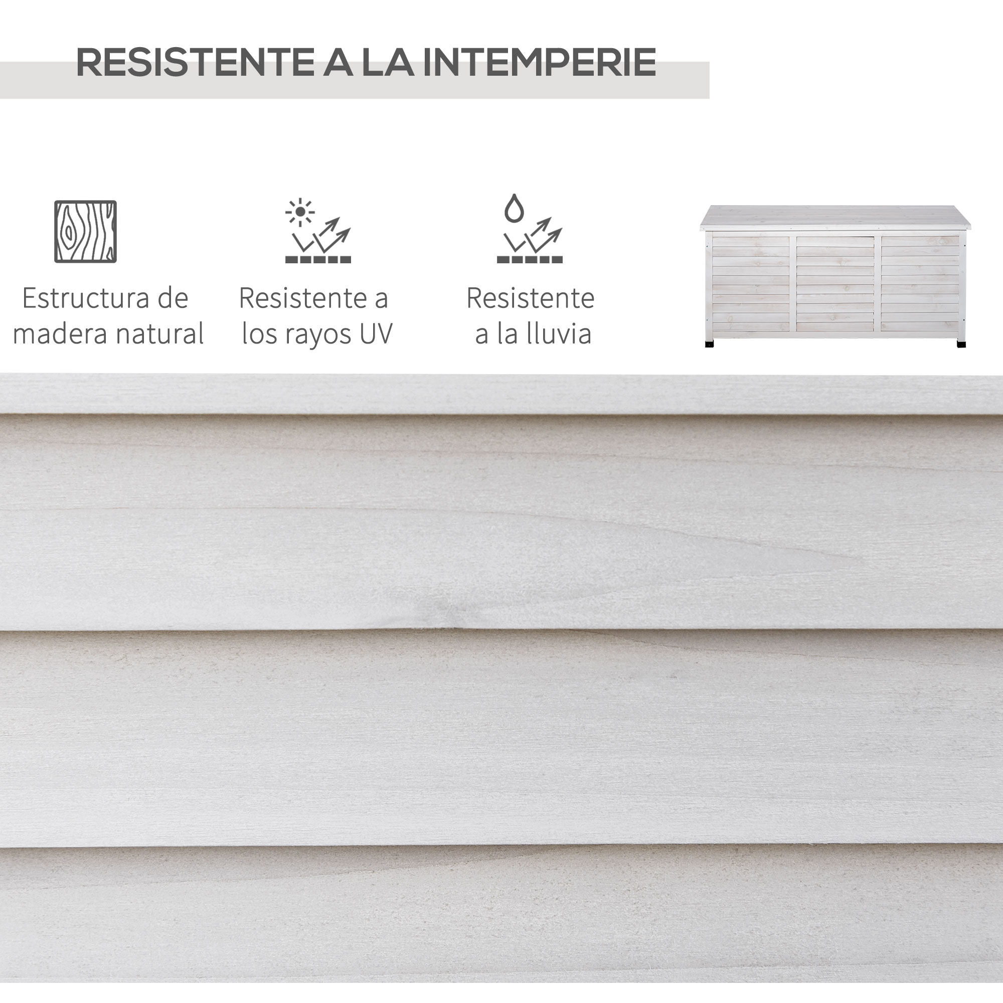 Estructura de madera resistente a la intemperie con iconos de protección UV y lluvia.