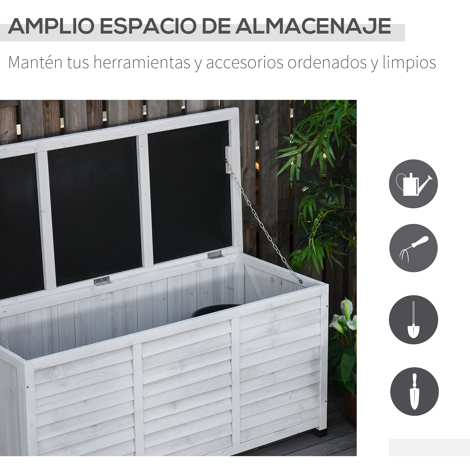 Un baúl de madera blanco con la tapa abierta frente a una pared de madera, con cuatro iconos de herramientas.