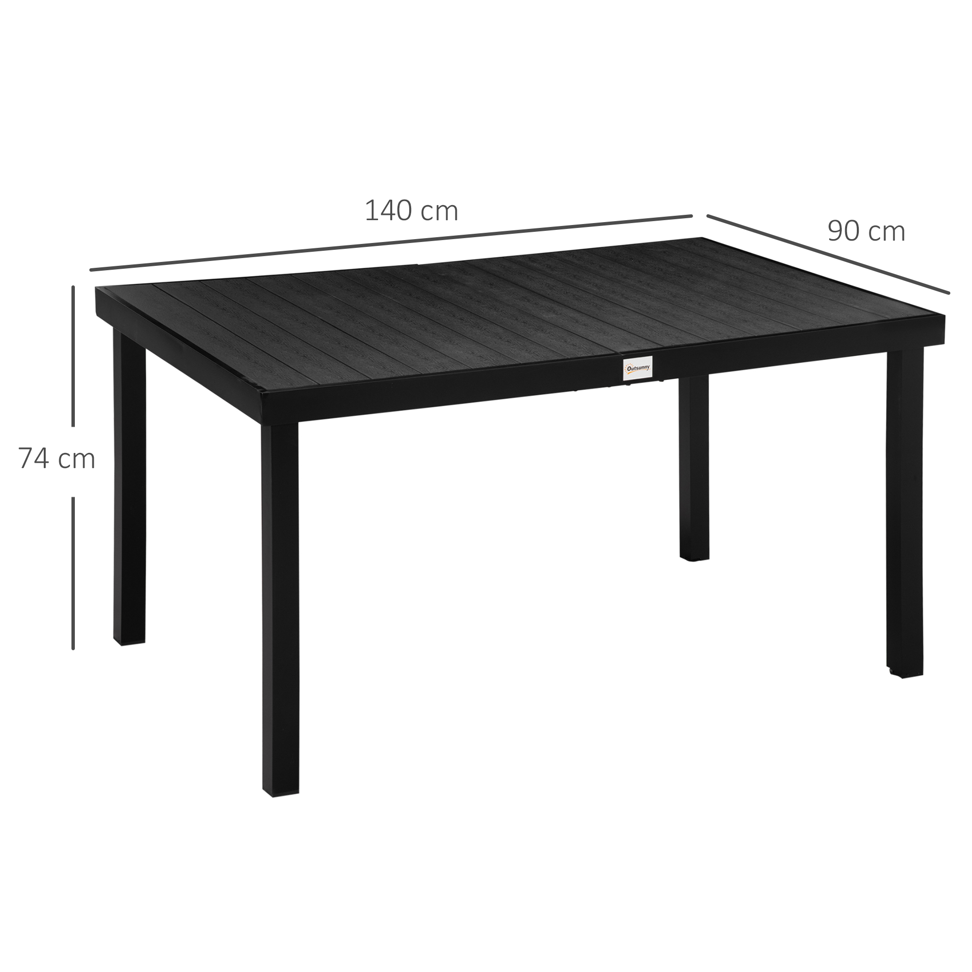 Una mesa rectangular negra con dimensiones de 140 cm de largo, 90 cm de ancho y 74 cm de alto sobre fondo blanco.