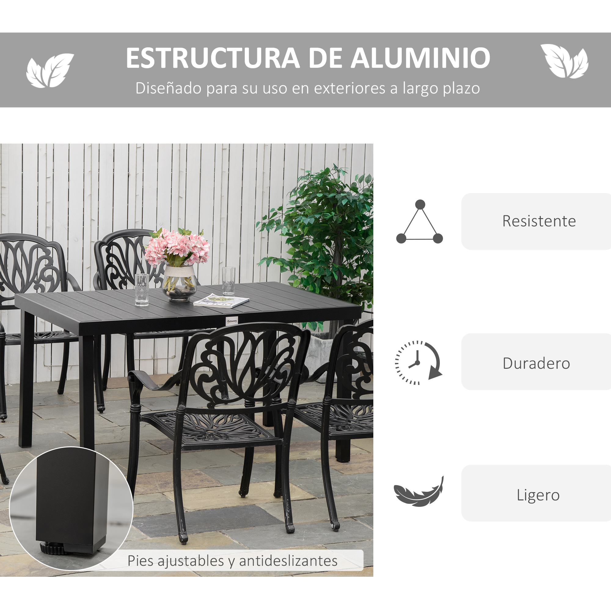 Conjunto de comedor de aluminio negro para exteriores con mesa y sillas.