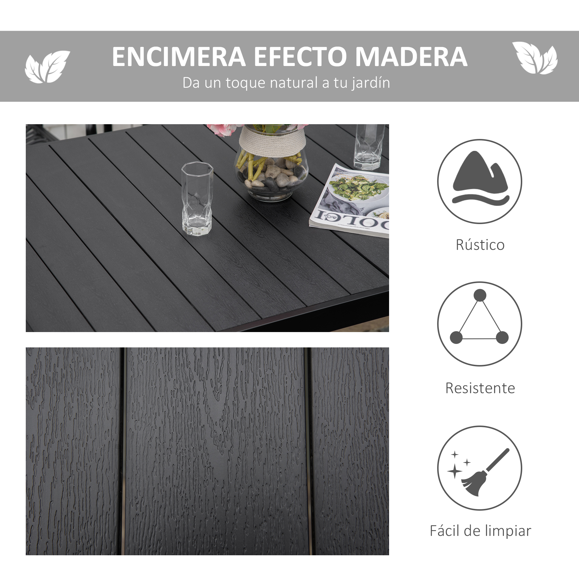 Encimera efecto madera con vaso, revista e iconos de rústico, resistente y fácil de limpiar.