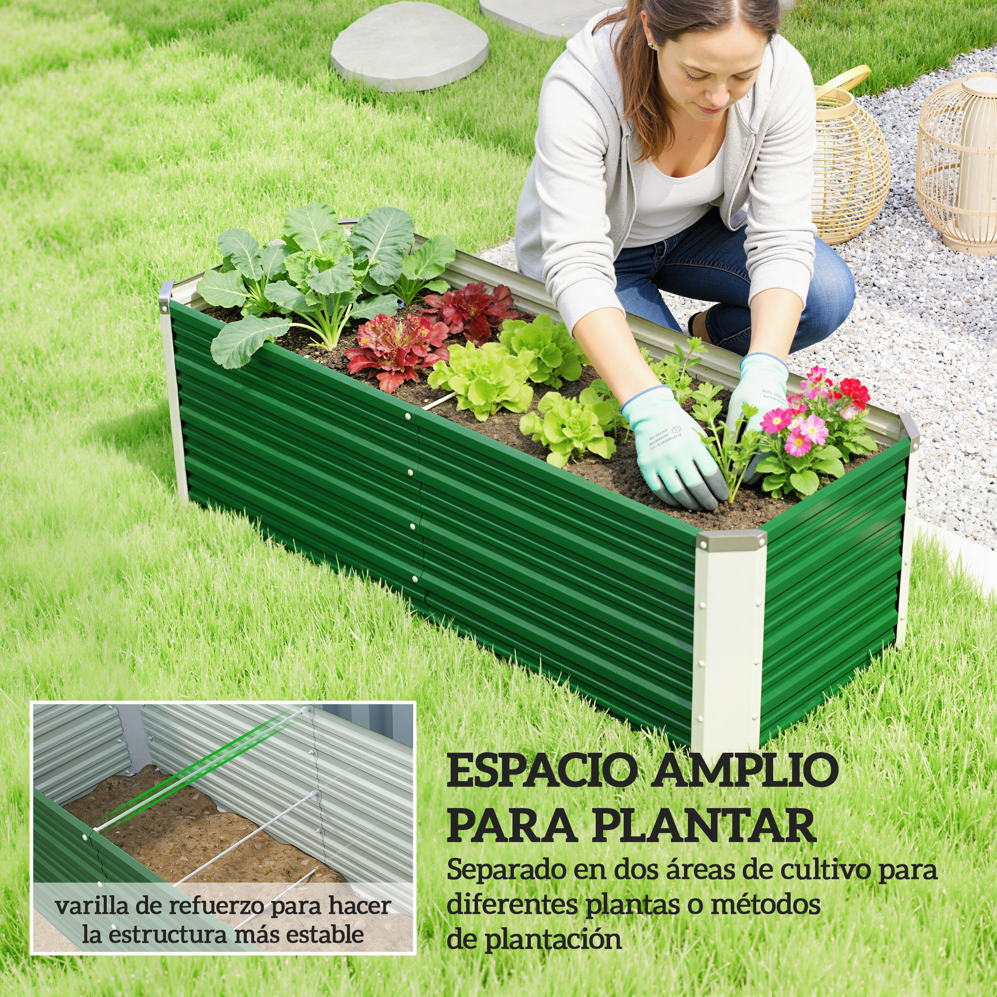 Una mujer cuida plantas en un huerto elevado verde sobre césped, con inserción de varillas.
