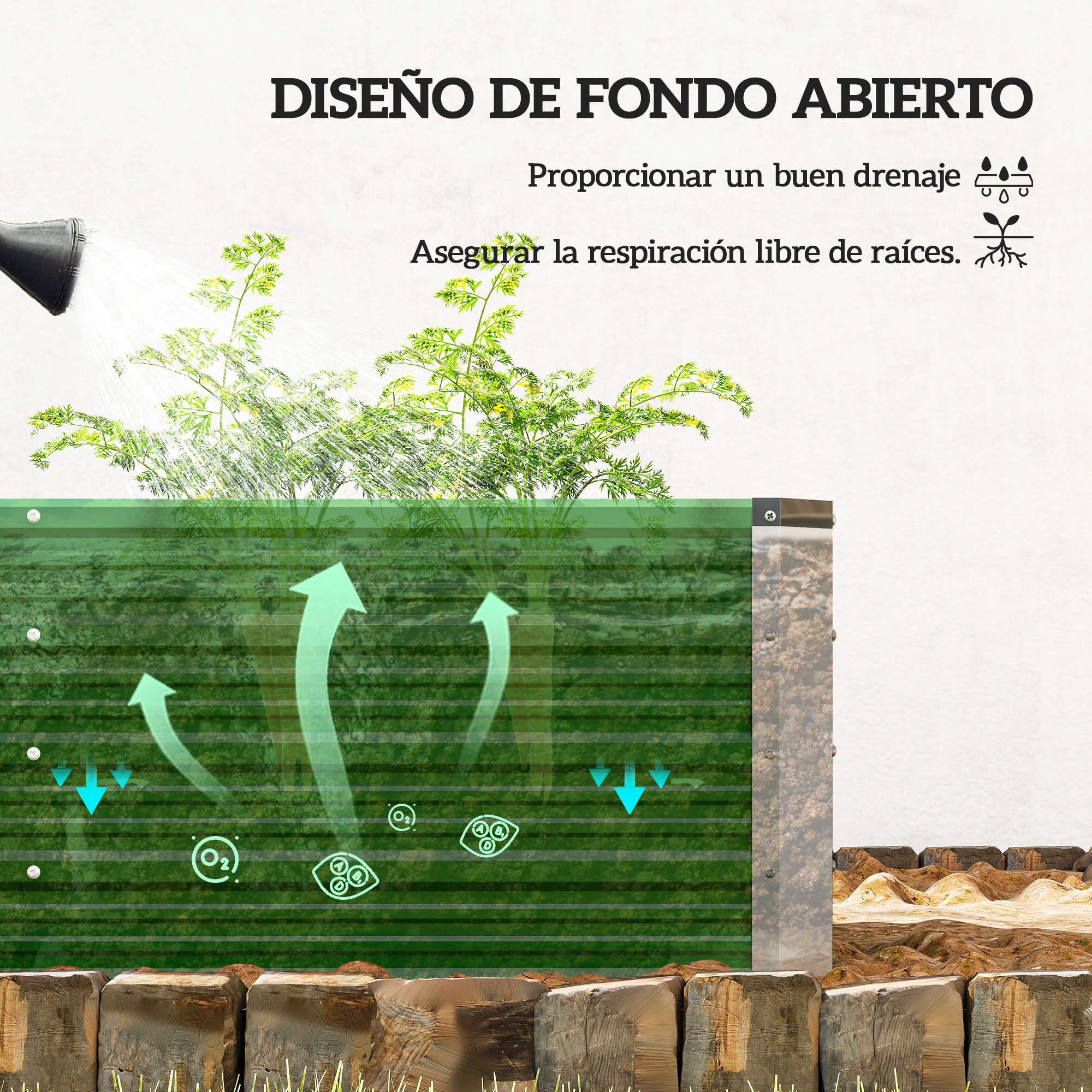 Un bancal siendo regado, mostrando flechas verdes para el oxígeno y azules para el drenaje.