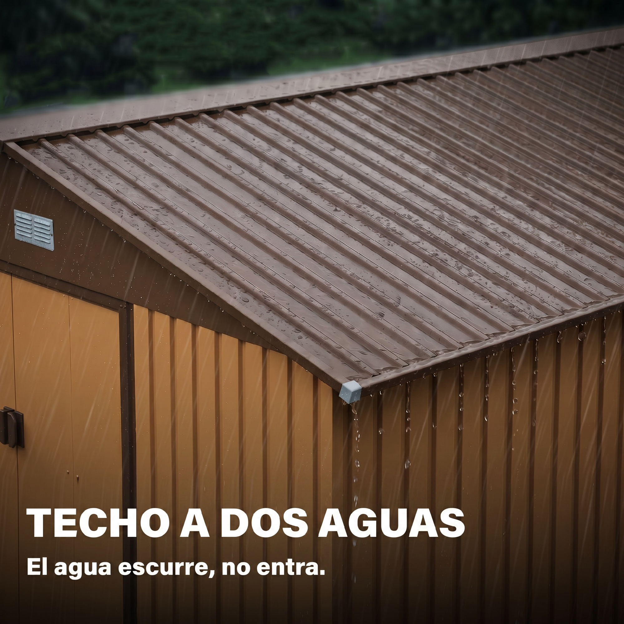 Las gotas de lluvia caen sobre el techo de chapa corrugada marrón y las paredes de un cobertizo de jardín.
