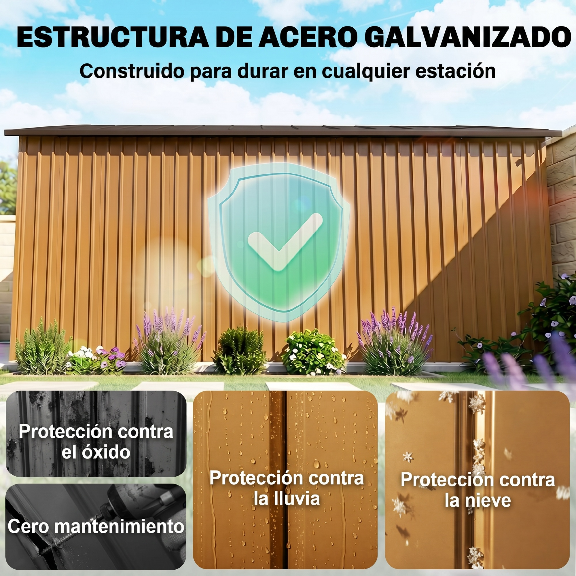 Estructura de acero galvanizado con iconos de protección contra óxido, lluvia y nieve.